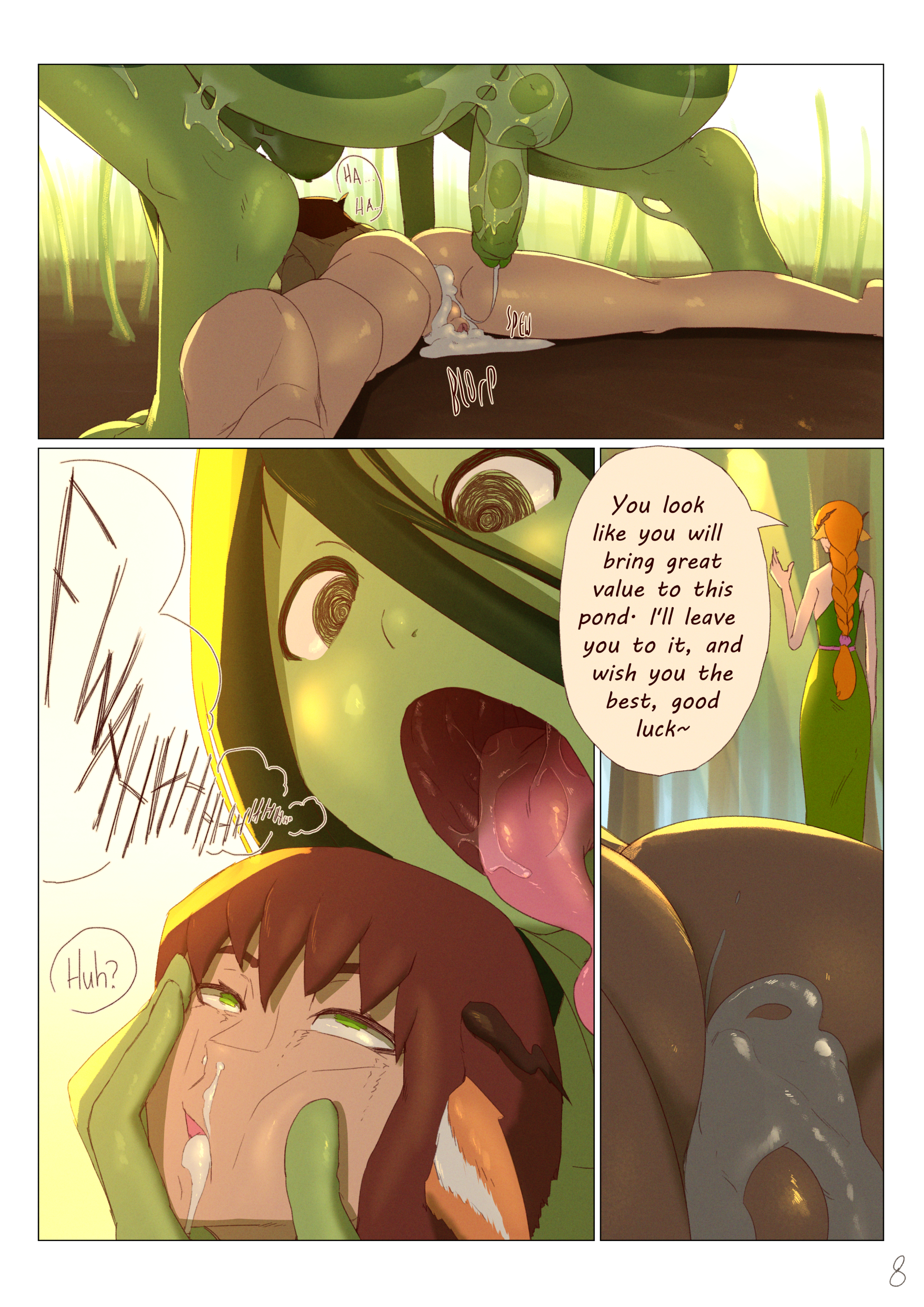 1boy, 1futa, 1girls, balls, belly, big belly, breasts, comic, completely nude, cum, cum inside, drool, erection, female, frog girl, futa on male, futanari, green eyes, green hair, green skin, imminent vore, intersex, kronguss, long hair, male, monster girl, nipples, nude, nude futa, nude male, penis, rape, sex