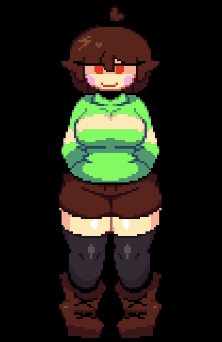 big breasts, breasts, brown hair, chara, chara (lovemaniac), chara (undertale), clothed, clothing, female, female chara, love maniac, red eyes, team nebula, thighhighs, undertale, undertale (series), undertale au