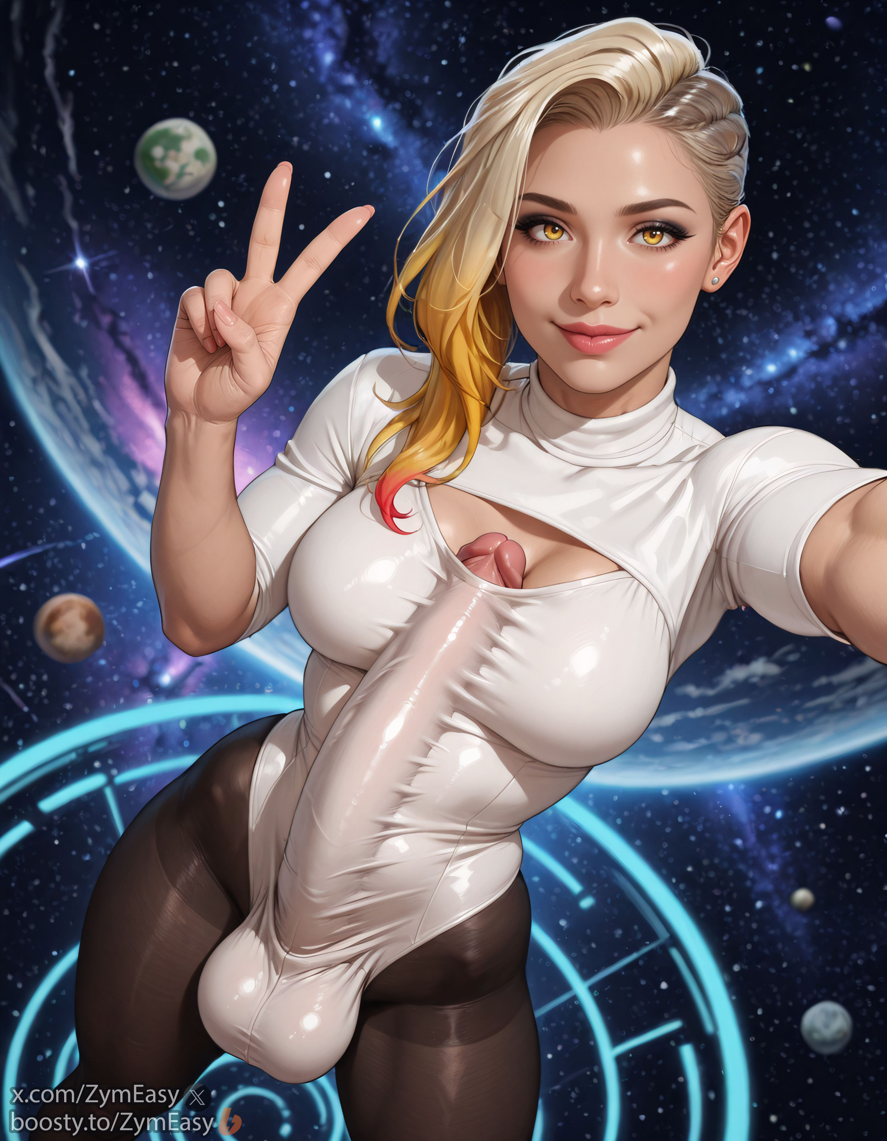 1futa, ai generated, autopaizuri, autopaizuri under clothes, balls, balls bulge, blonde hair, boosty username, breasts, bulge, cock bulge, futanari, huge balls, huge cock, intersex, leotard, long penis, peace sign, penis, penis between breasts, perfect ass, self upload, selfie, twitter username, yellow eyes, zymeasy
