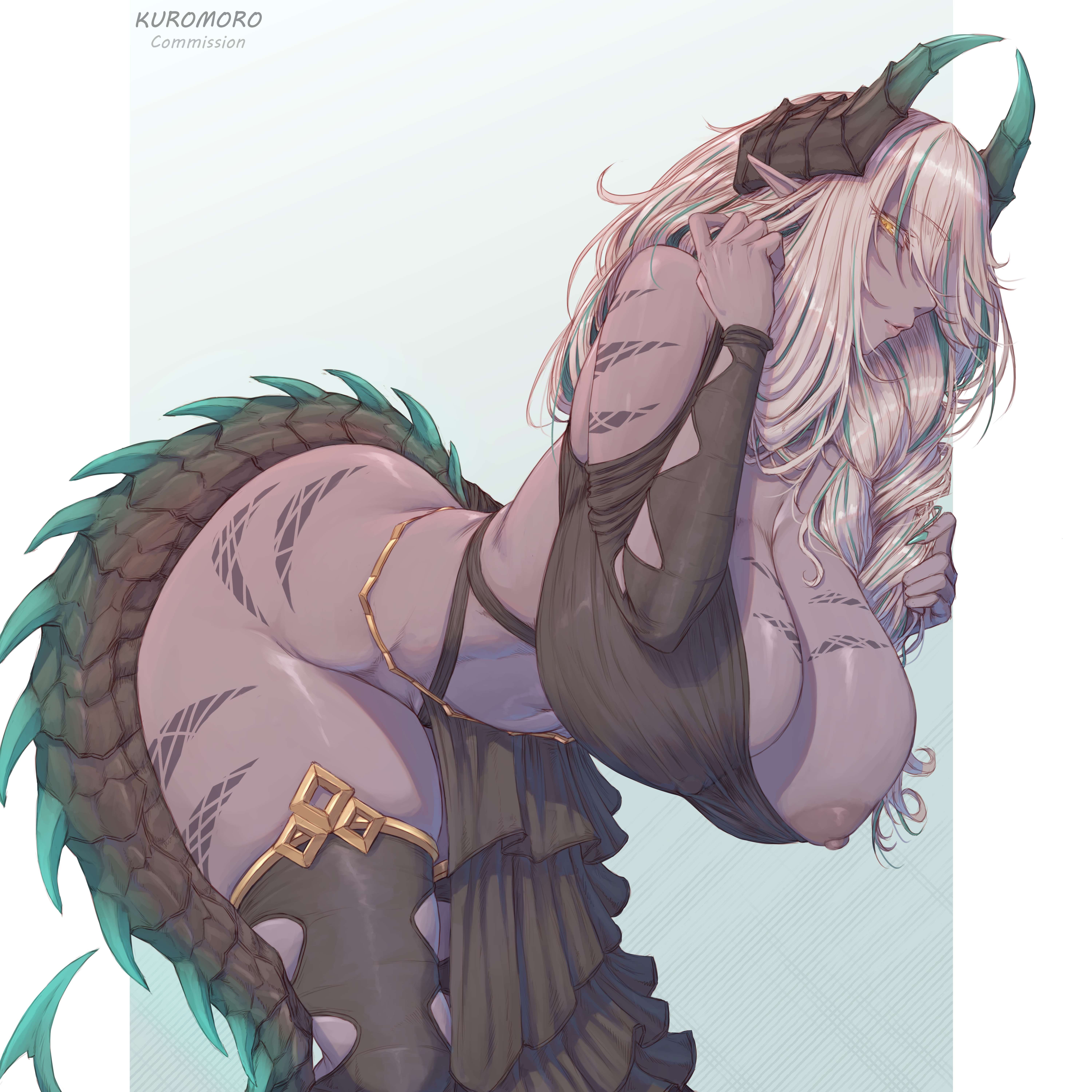 bare shoulders, blonde hair, body markings, breasts, dark skin, dark-skinned female, dragon girl, dragon horns, dragon tail, dress, exposed hips, female, female only, green hair, grey skin, hip cleavage, hip focus, horns, huge breasts, kuromoro, leaning forward, nipple slip, nipples, original, pelvic curtain, pointy ears, solo, streaked hair, tail, thighhighs, yellow eyes