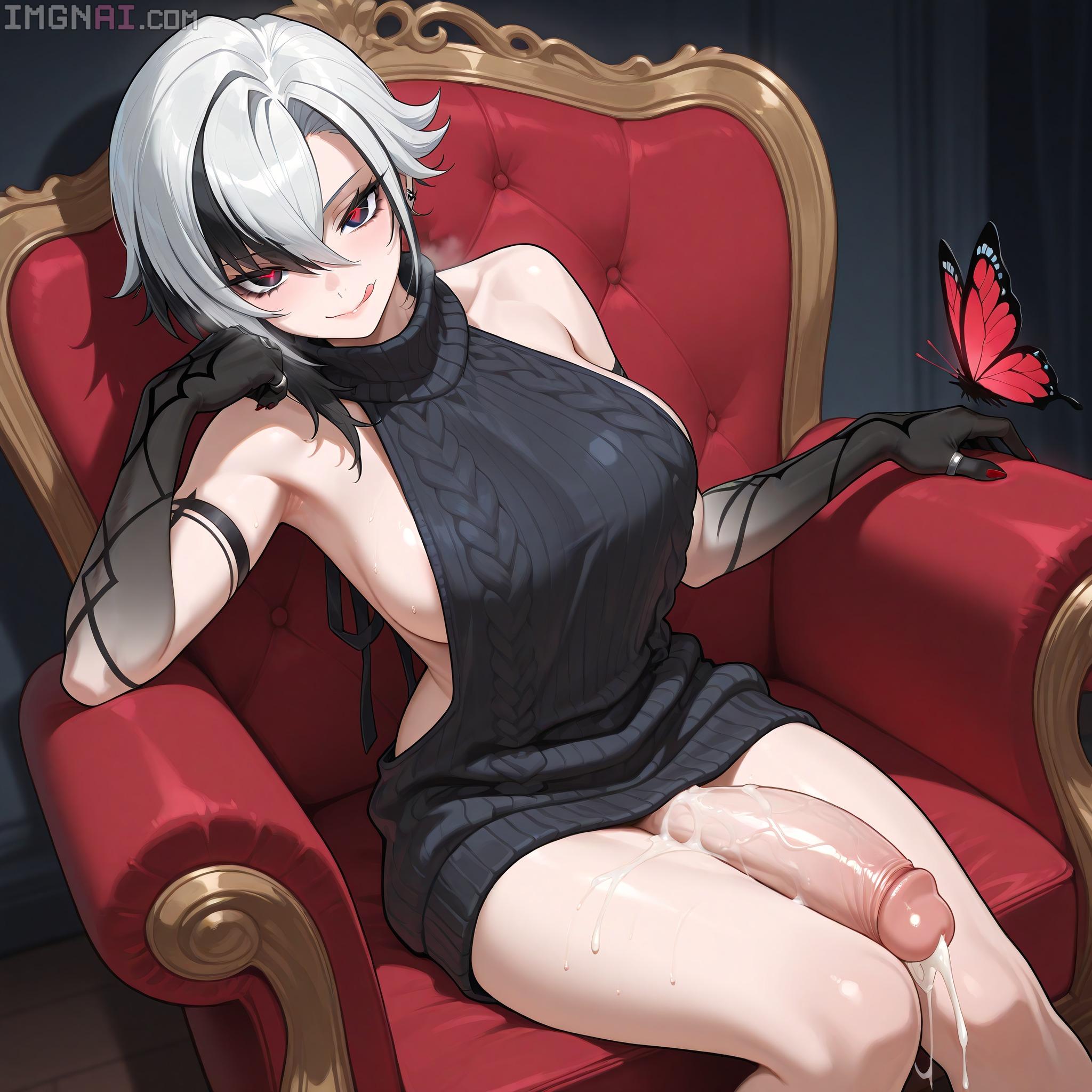 1futa, after fellatio, after oral, ai generated, arlecchino (genshin impact), breasts, cum drip, futa only, futanari, genshin impact, huge cock, intersex, licking own lips, light-skinned futa, looking at viewer, nameless gooner, penis, self upload, sitting on chair, solo, virgin killer sweater