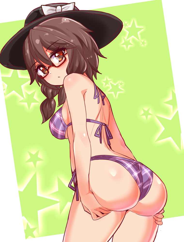 ass, ass support, back, bikini, black hat, breasts, brown eyes, brown hair, closed mouth, commentary, commission, cougar (cougar1404), cowboy shot, female, glasses, halterneck, hat, leaning forward, light frown, looking at viewer, looking back, low twintails, medium breasts, medium hair, purple bikini, red-framed eyewear, semi-rimless eyewear, side-tie bikini bottom, skeb commission, solo, standing, star (symbol), star symbol background, string bikini, sumireko usami, swimsuit, touhou, twintails, under-rim eyewear, usami sumireko