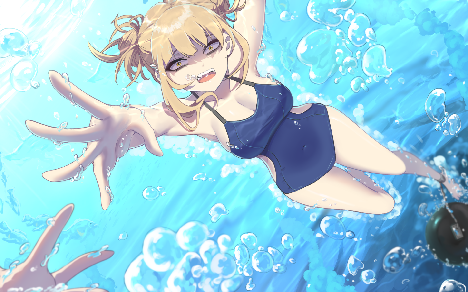 1girls, 1other, ambiguous gender, asphyxiation, birusaeika, blonde hair, blonde-haired female, blunt bangs, breasts, cleavage, double bun, drowning, female, female only, hair bun, highres, himiko toga, messy hair, my hero academia, open mouth, sidelocks, swimsuit, underwater, water, yellow eyes