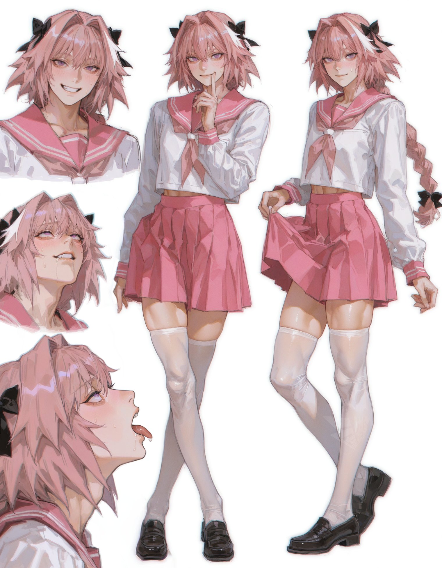 1boy, ai generated, astolfo (fate), braid, crossdressing, fate (series), fate/grand order, hair ornament, light-skinned male, male, male only, mukurout, pink eyes, pink hair, school uniform, serafuku, solo, stockings, tagme