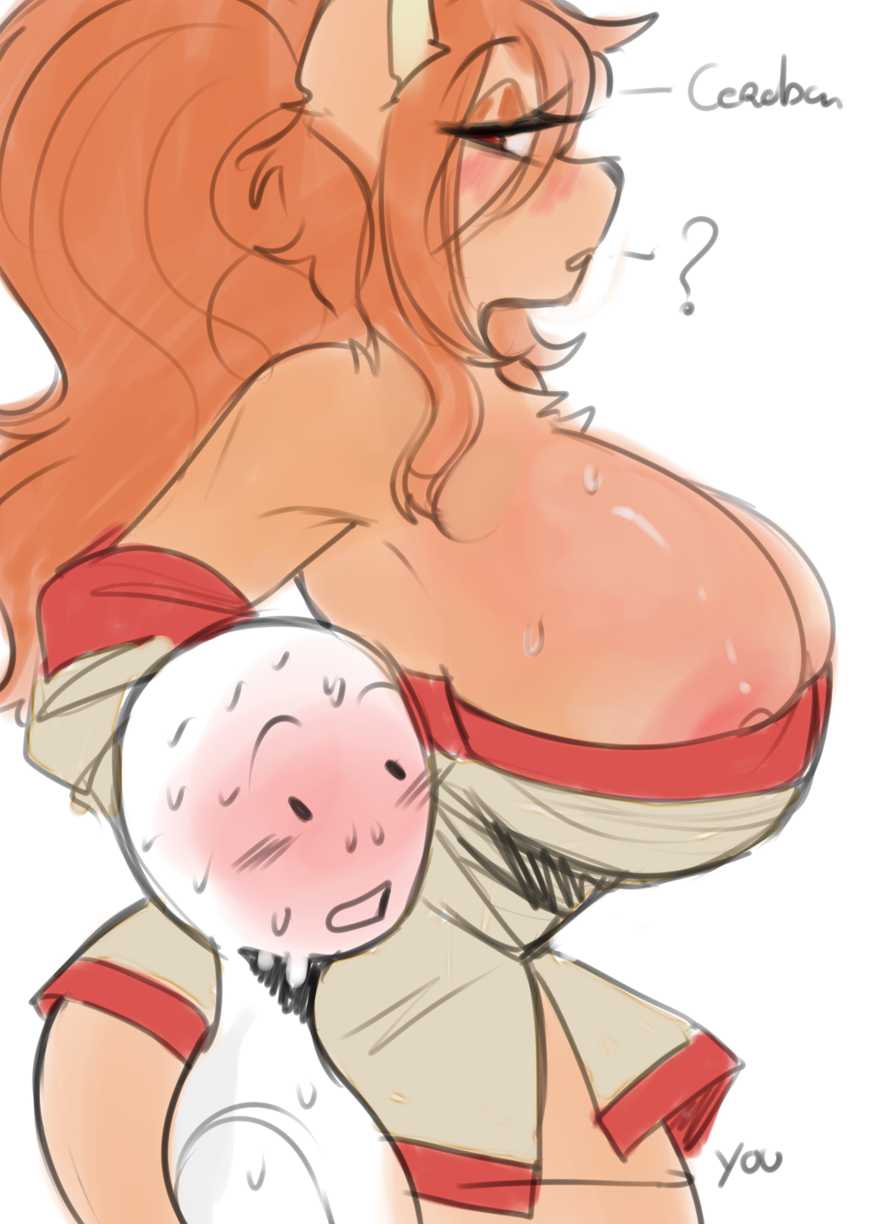 anon, artium mo, blush, breasts, ceroba ketsukane, female, furry, huge breasts, nipple peek, nipples, sweating, undertale yellow