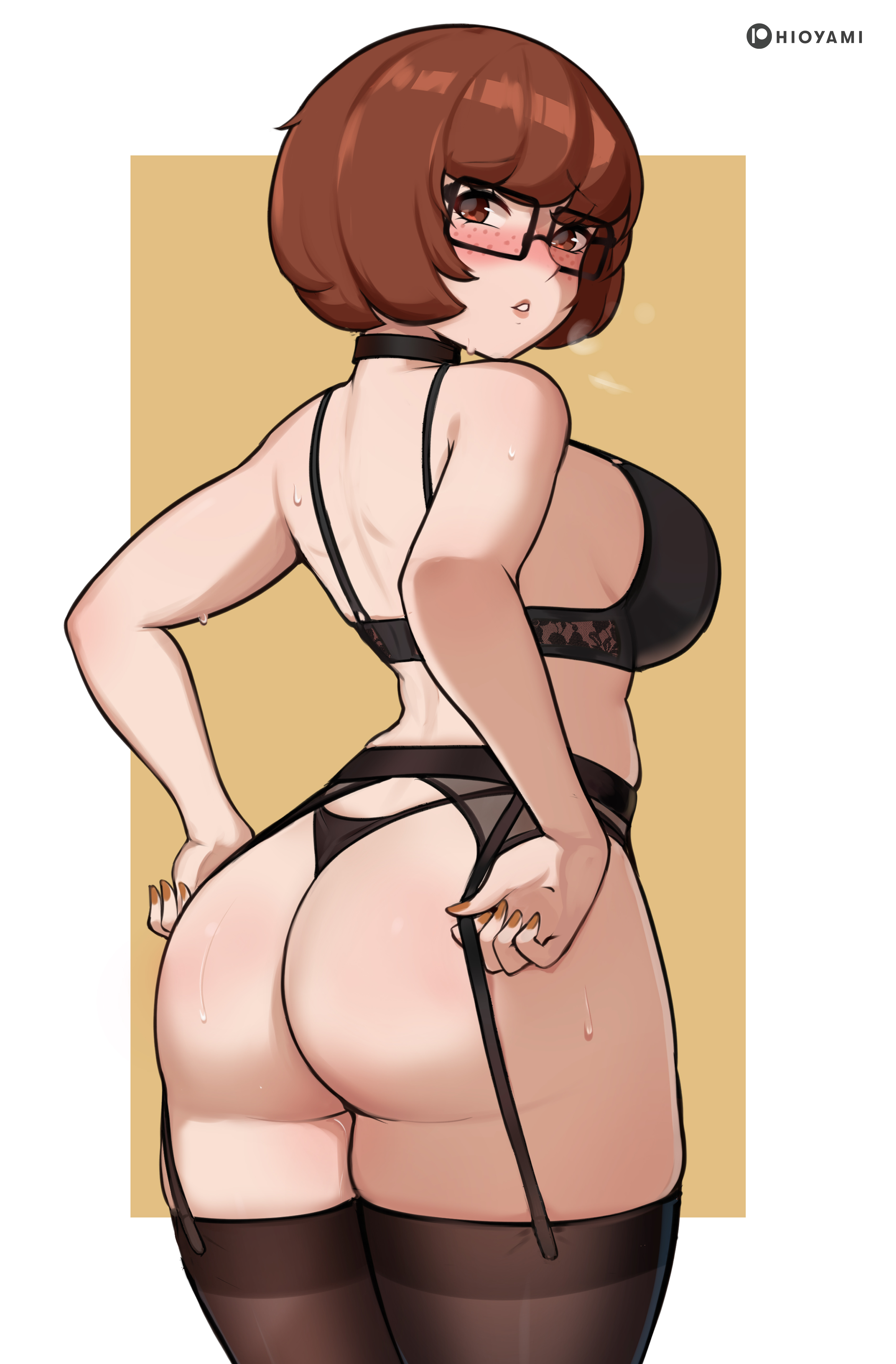 1girls, ass, ass focus, big ass, big breasts, blush, blushing at viewer, breasts, curvaceous, curvy, curvy female, female, female focus, female only, hioyami, light skin, light-skinned female, looking at viewer, round butt, scooby-doo, solo, solo female, solo focus, thick ass, thick thighs, thighs, velma dinkley, wide hips