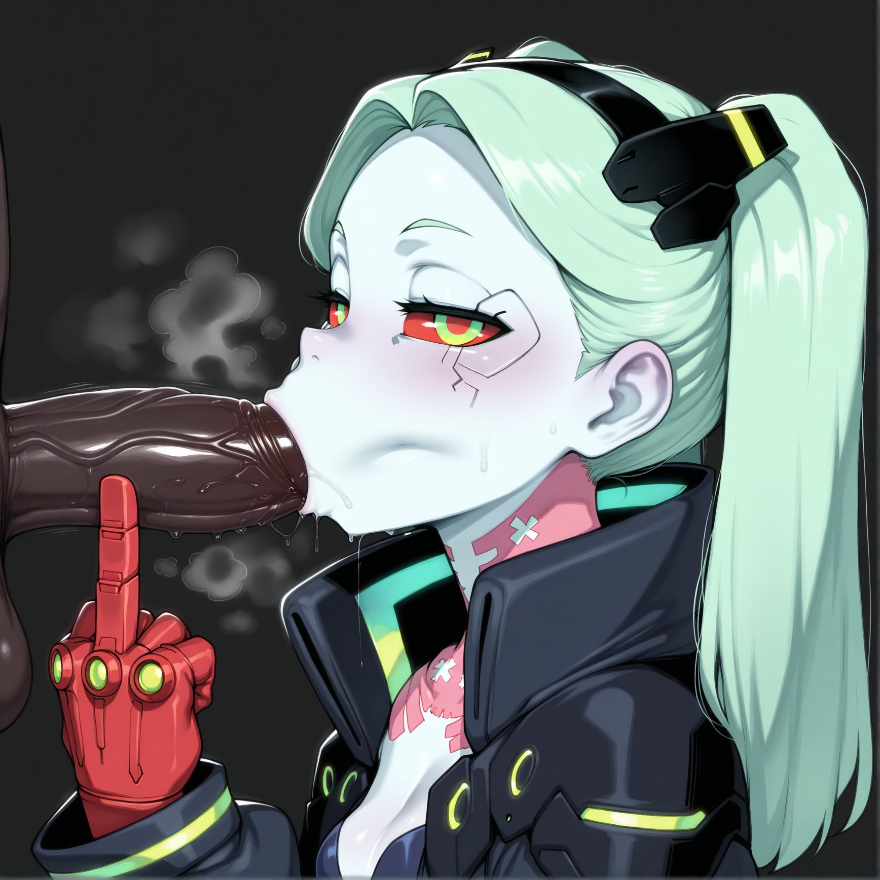 ai generated, black hairband, blue skin, cyberpunk: edgerunners, dark skin, dark-skinned male, fellatio, interracial, jacket, looking at viewer, male, middle finger, mochipawg, penis, rebecca (edgerunners), robotic arm, saliva, saliva drip, twintails
