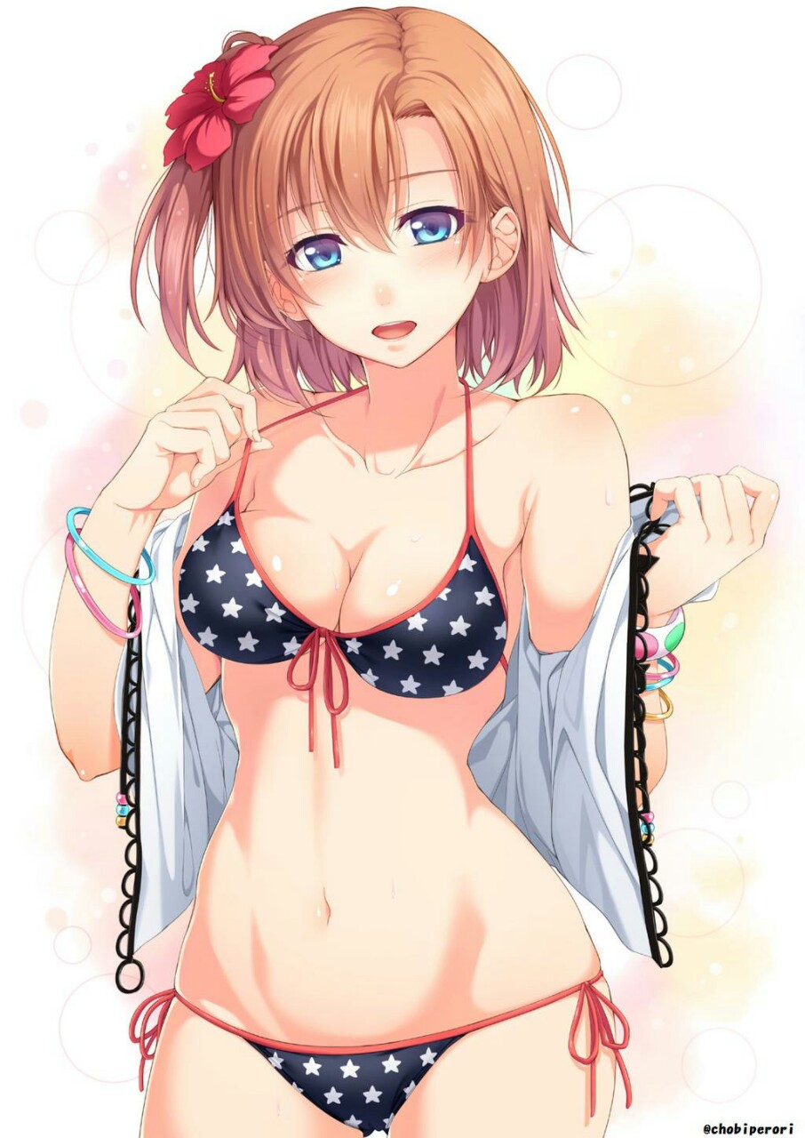 bikini, blue eyes, cleavage, female, female only, hair ornament, kousaka honoka, love live!, love live! school idol project, pointy chin, solo, undressing