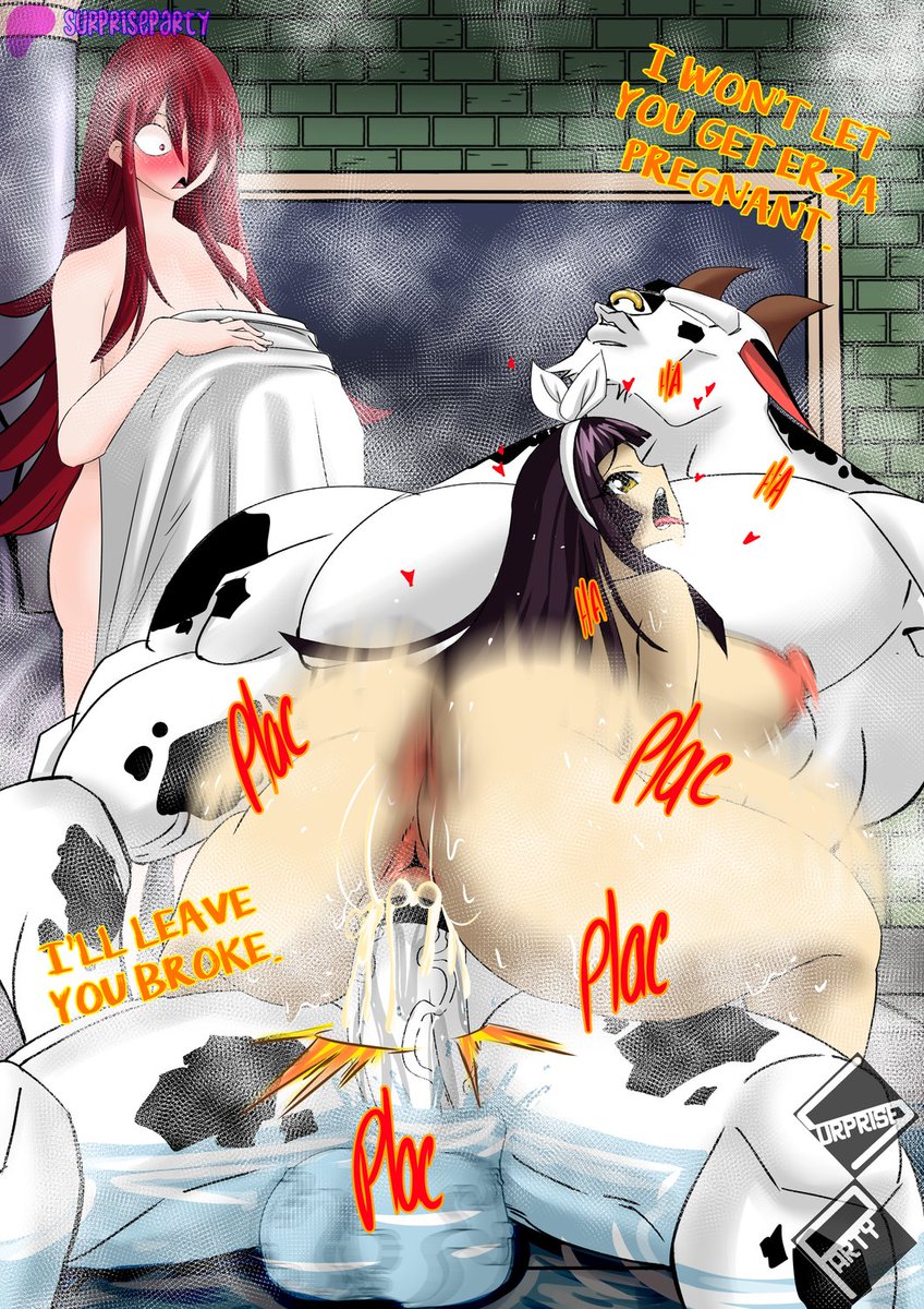 anthro, anthro dominating human, anthro on human, anthro penetrating, anthro penetrating human, anus, balls, big ass, big balls, big breasts, big butt, big muscles, big penis, big thighs, black hair, breasts, cowgirl position, cum in pussy, erza scarlet, fairy tail, female, ffm, huge ass, huge balls, huge breasts, huge butt, huge cock, huge thighs, human female, impregnation, kagura mikazuchi, large breasts, male, male anthro/female human, muscles, netorare, pale-skinned female, penis, pussy, red hair, surprise party, surprised, surprised expression, taurus (fairy tail), watching, watching sex