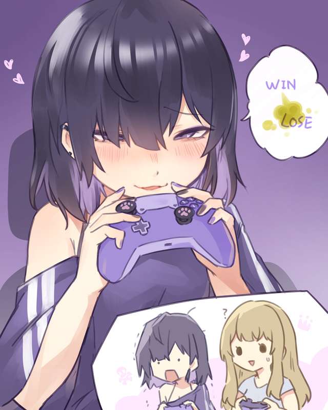 13o, 2girls, blonde hair, blush, clothed, dark hair, fart, fart cloud, fart fetish, farting, female, female only, light-skinned female, playing videogame, smile, smiling, yuri