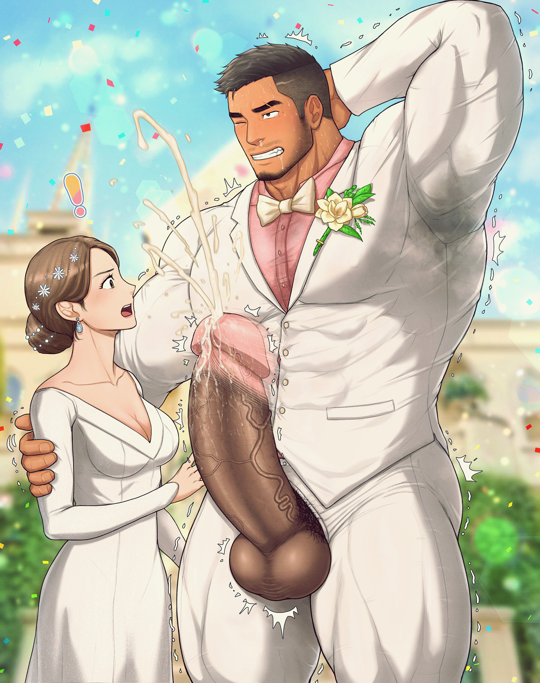 1boy, 1boy1girl, 1girls, abs, arms up, balls, balls out, beard, beauty mark, beefy, biceps, big abs, big balls, big hands, big penis, blurry background, blush, bowtie, breasts, bride, brown eyes, brown hair, bun hair, church, clenched teeth, closed eyes, collarbone, confetti, corsage, earrings, enormous penis, erect nipples, erection, eyebrow scar, eyelashes, female, foreskin, foreskin folds, frenulum, fully retracted foreskin, gay, gigantic penis, grin, groom, hair on penis, hand on back, hands behind head, happy, height difference, hi res, huge breasts, huge cock, hunk, husband and wife, laugh, long hair, long penis, male, male breasts, male focus, male with breasts, manly, married couple, mature male, mole, mole under eye, morning, muscles, muscular, muscular arms, muscular legs, muscular male, muscular thighs, mustache stubble, nipples visible through clothing, offscreen character, one eye closed, oppai, original, original character, pecs, penis, penis bigger than arm, penis bigger than breasts, penis bigger than head, penis bigger than torso, penis out, pink glans, pubic hair, quadriceps, retracted foreskin, shaved side, sideburns, six pack, size difference, smegma, smegma in foreskin, straight, sweat, sweatdrop, sweaty armpits, tall, taller male, thick, thick arms, thick eyebrows, thick legs, thick neck, thick penis, thick thighs, tight clothing, time stop, toto (artist), tough guy, triceps, tuxedo, uncensored, uncircumcised, uncut, unzipped, unzipped pants, veiny penis, wedding dress