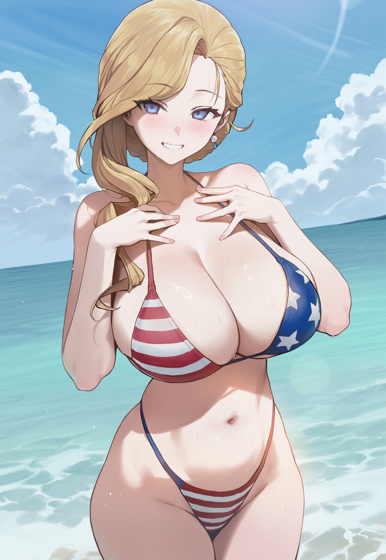 1girls, ai generated, american flag bikini, azur lane, big breasts, bikini, blonde hair, breasts, female, female focus, female only, hood (azur lane), huge breasts, large breasts, long hair, mature female, milf, navel, truck kun