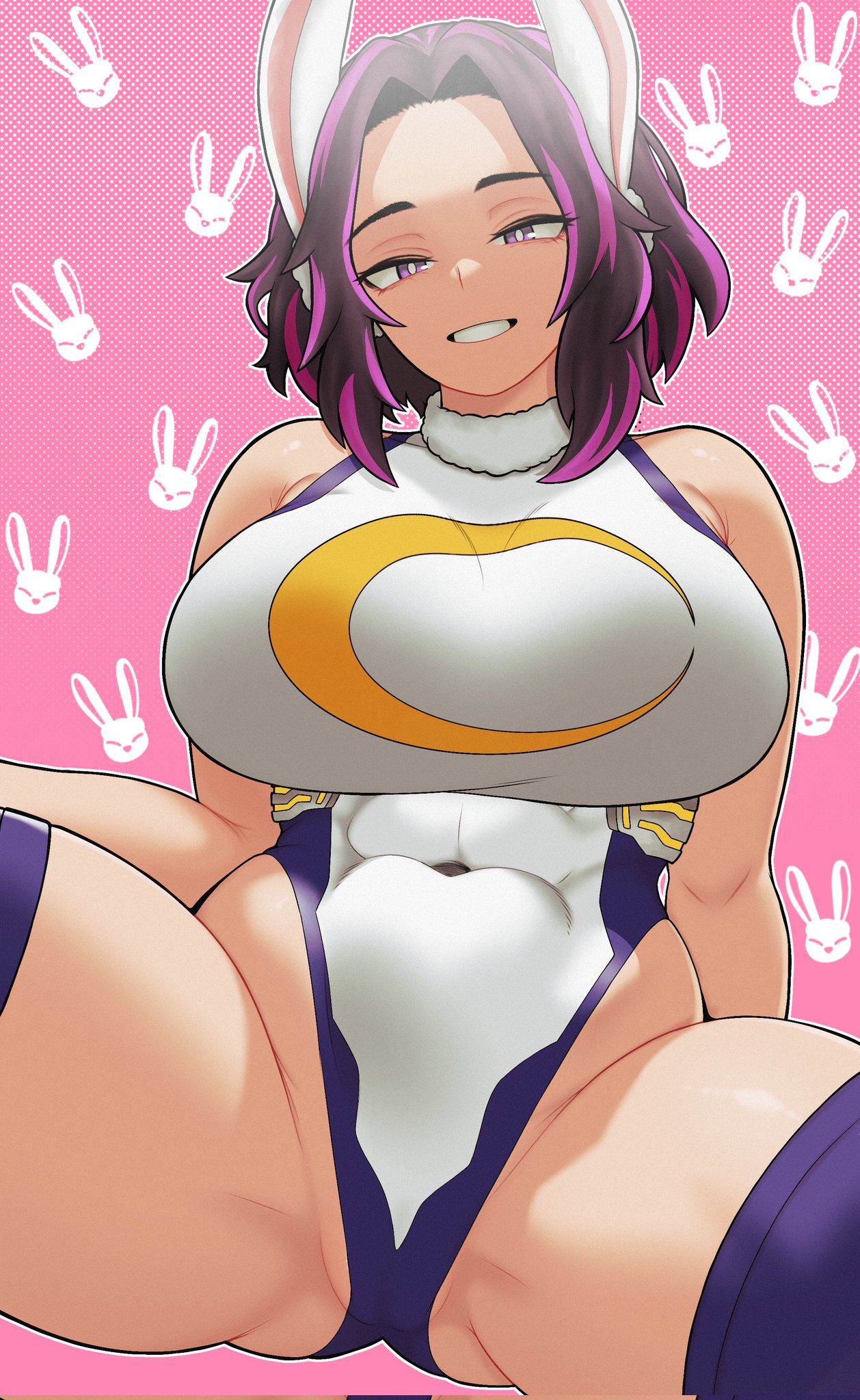 1girls, 2d, 2d (artwork), 2d artwork, abs, athletic female, big breasts, breasts, bunny ears, bunny girl, bunnysuit, color, colored, evoltodraw, female, female focus, female only, fit female, kaina tsutsumi, lady nagant, large breasts, light skin, light-skinned female, looking at viewer, mature female, miruko (cosplay), muscular, muscular female, my hero academia, pink background, pink highlights, purple eyes, purple hair, purple-haired female, rumi usagiyama (cosplay), rumi usagiyama (hero outfit), safe, sfw, sfw version, smile, smiling at viewer, solo, thick, thick hips, thick legs, thick thighs, usagiyama rumi (cosplay), usagiyama rumi (hero outfit)