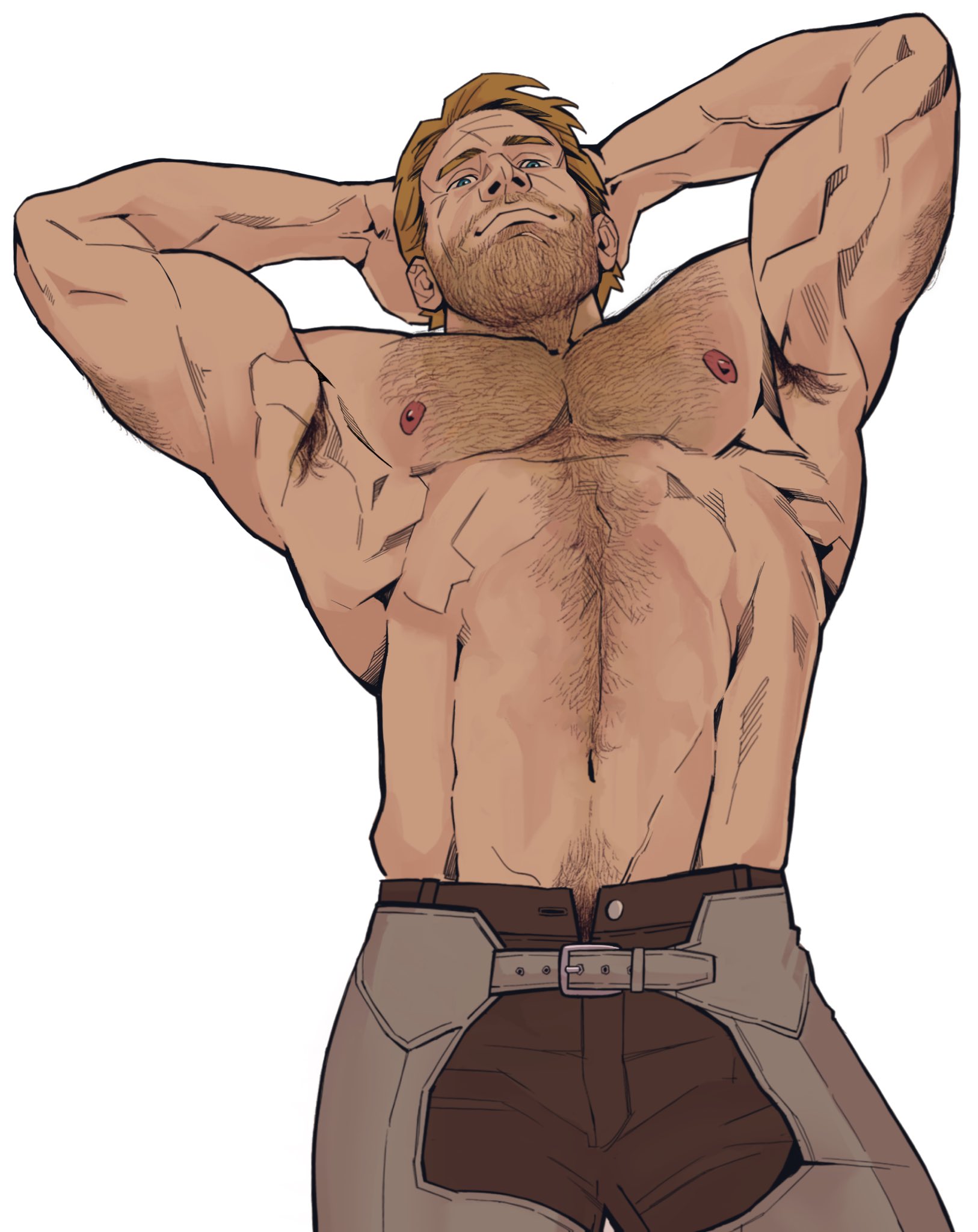 1boy, arm hair, armpit hair, armpits, arms behind head, arthur morgan, beard, beard stubble, beefy, belly hair, bonjourdraws, casual, chaps, chest hair, color, crotchless chaps, facial hair, hair, hairy, hairy armpits, hairy chest, hairy male, half-dressed, jeans, looking at viewer, looking down, male, male only, muscles, muscular, muscular male, nipples, no sex, no shirt, no visible genitalia, pecs, pubic hair, red dead redemption (series), red dead redemption 2, relaxed, sfw, shirtless, shirtless male, smiling, suggestive, suggestive look, unbuttoned pants