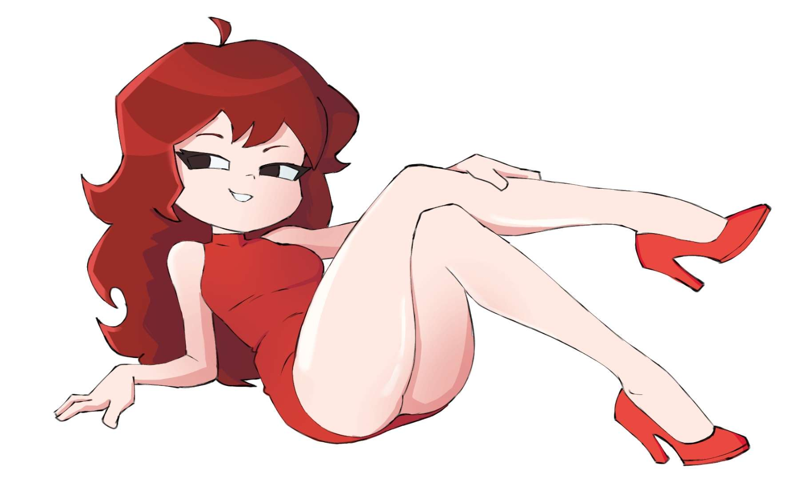 auburn hair, big ass, breekn, dark eyes, dress, friday night funkin, full body, gf, girlfriend (friday night funkin), heels, lying, red dress, red hair, smile