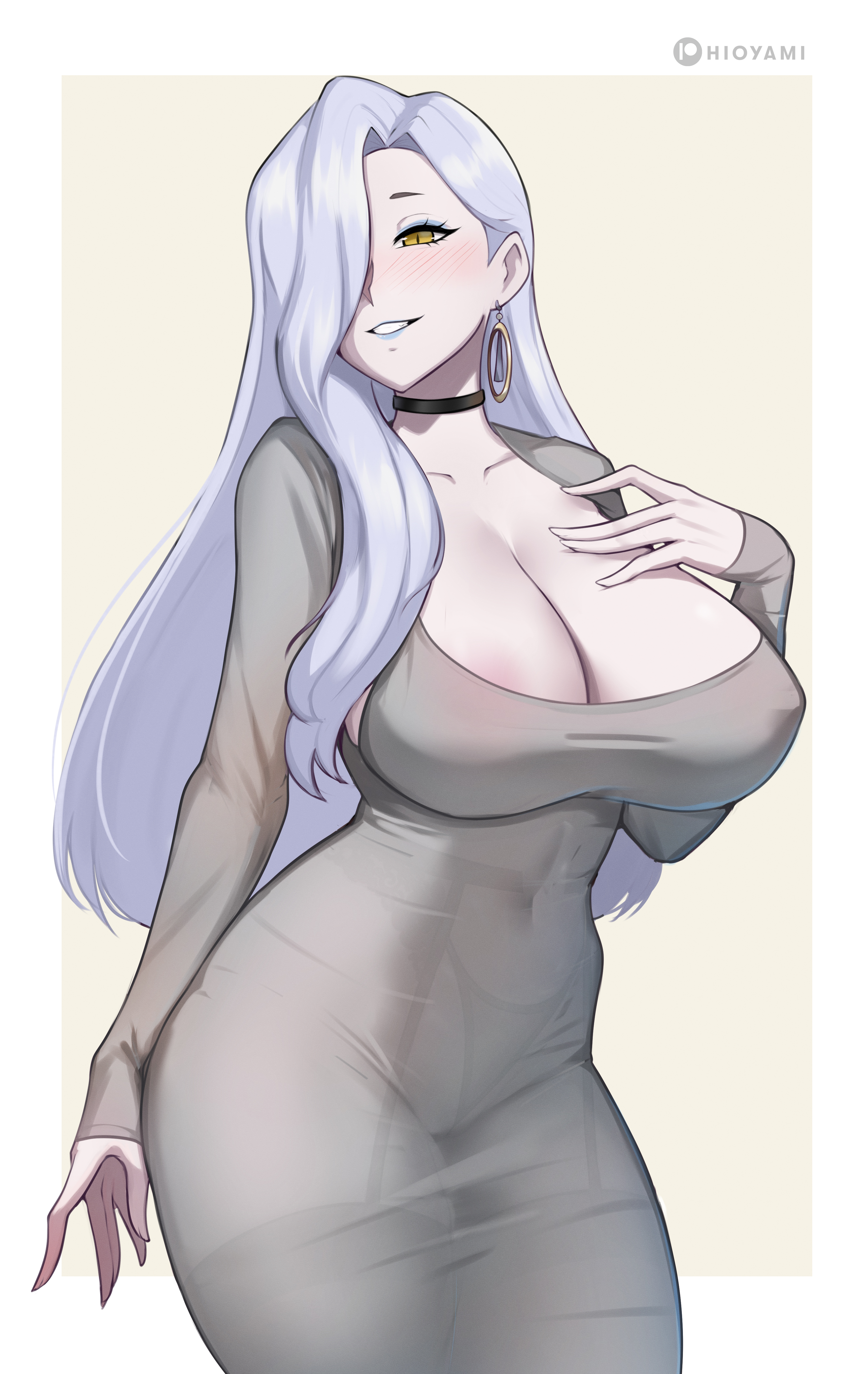 1girls, big breasts, blush, blushing at viewer, breasts, curvaceous, curvy, curvy female, fate (series), fate/grand order, female, female focus, female only, hioyami, hourglass figure, huge breasts, large breasts, light skin, light-skinned female, long hair, mature female, milf, omi-san (fate), pale skin, pale-skinned female, slim waist, smile, smiling, smiling at viewer, solo, solo female, solo focus, thick thighs, thighs, wide hips
