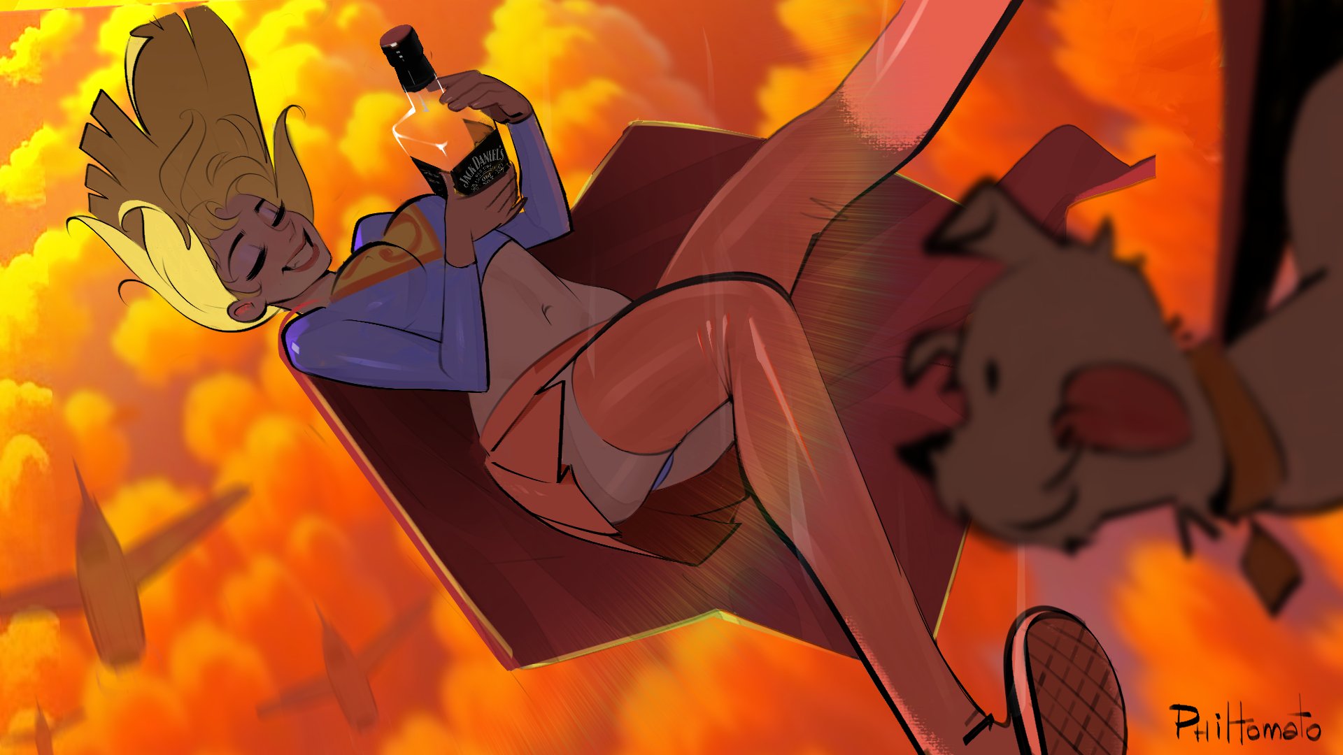 1girls, alien, alien girl, alien humanoid, blonde hair, canid, canine, canis, dc comics, domestic dog, drunk, female, feral, kara zor-el, krypto, long hair, pale skin, pale-skinned female, pantyshot, philtomato, supergirl, superheroine, superman (series)