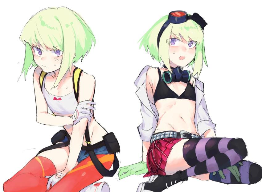 1boy, aina ardebit (cosplay), androgynous, bikini top, crossdressing, embarrassed, femboy, fully clothed, lio fotia, lucia fex (cosplay), male, minishorts, promare, questionable, skirt, slim, slim male, slim waist, solo, stockings, thighhighs, tight clothing, twink
