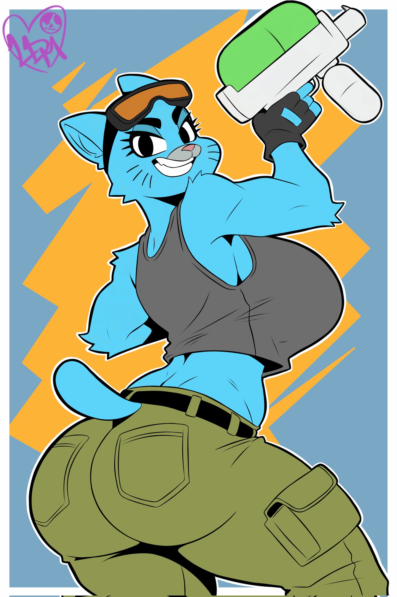 1girls, anthro, ass, big ass, big breasts, big butt, big thighs, big titties, blue body, blue fur, breasts, cartoon network, cat, cat girl, catgirl, clothing, curvaceous, curvaceous female, curvaceous figure, curvy, curvy figure, curvy hips, domestic cat, feline, female, female focus, female only, fingerless gloves, furry, furry female, furry only, looking at viewer, looking back, love dead man, mature female, milf, nicole watterson, paintball gun, safety goggles, smile, smiling, tank top, the amazing world of gumball, thick thighs