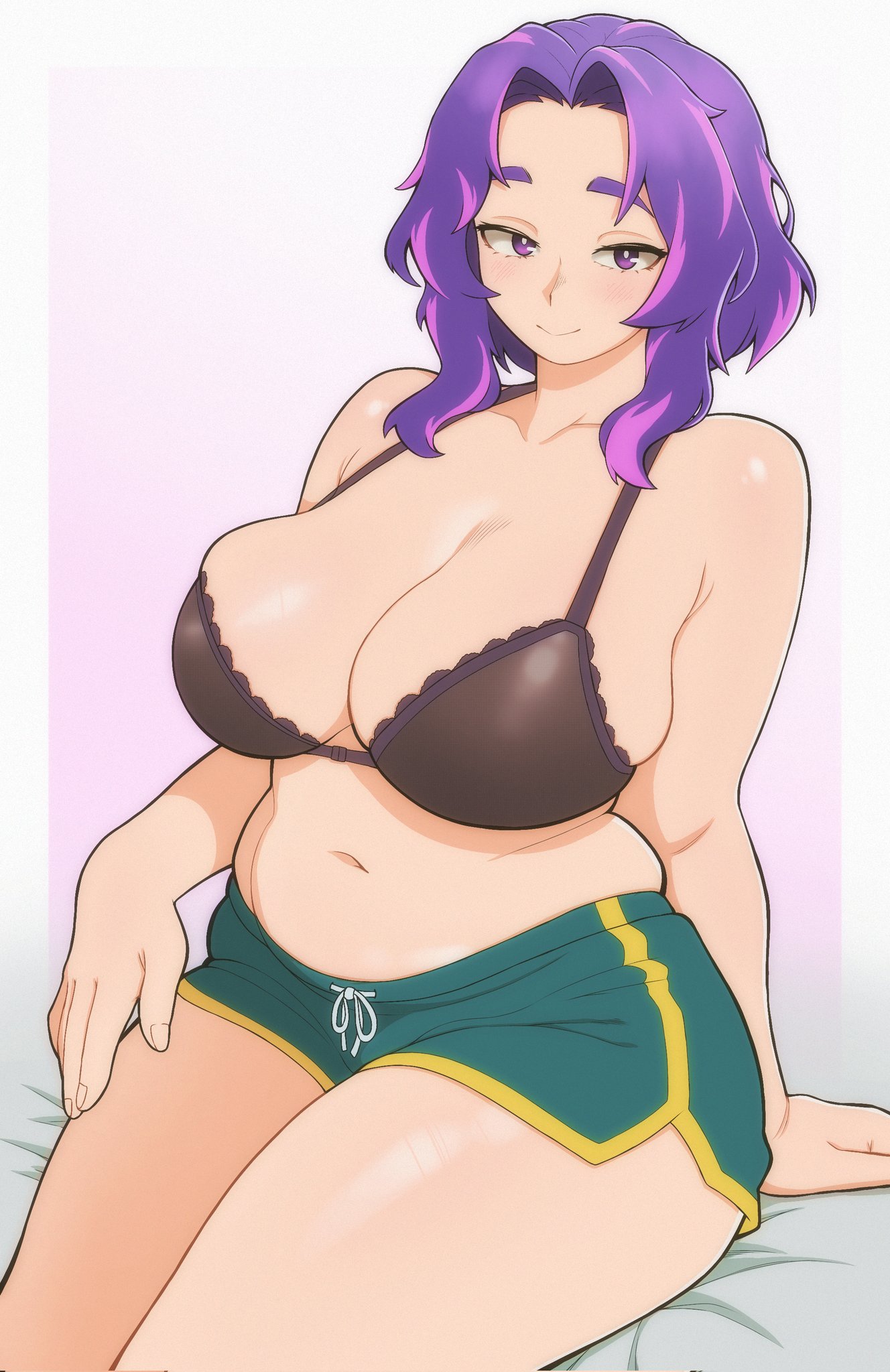 1girls, 2d, 2d (artwork), 2d artwork, black bra, blush, blushing at viewer, boku no hero academia, bra, breasts, chubby, chubby female, color, colored, dolphin shorts, evoltodraw, female, female focus, female only, green shorts, kaina tsutsumi, lady nagant, large breasts, light skin, light-skinned female, looking at viewer, my hero academia, no sex, pink highlights, purple eyes, purple hair, purple-haired female, safe, sfw, shiny skin, short shorts, shorts, sitting, smile, smiling at viewer, sole female, thick, thick hips, thick legs, thick thighs, tsutsumi kaina, tummy, voluptuous, voluptuous female