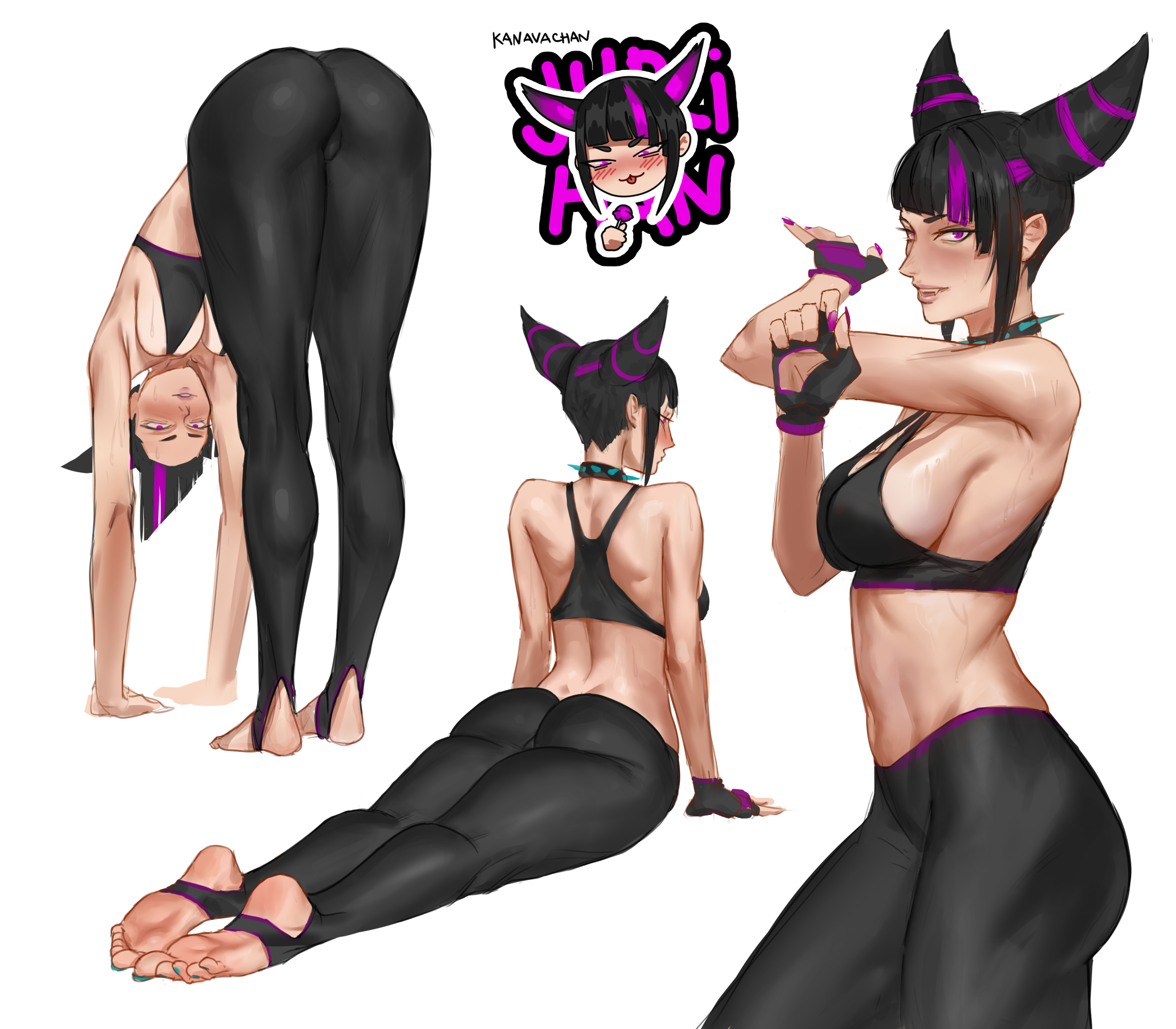 1girls, aqua nails, armpits, ass, athletic female, back, barefoot, black hair, black sports bra, blush, bra, breasts, chibi, chibi inset, clothing, collar, feet, female, fingerless gloves, fit female, flexible, from behind, gloves, hair horns, han juri, juri han, kanavachan, large breasts, leggings, legs, looking at viewer, multicolored hair, nail polish, navel, no shoes, pants, purple eyes, purple hair, purple lips, purple nails, short hair, sideboob, smile, soles, solo, spiked choker, spiked collar, spikes, sports bra, stirrup legwear, streaked hair, street fighter, street fighter 6, stretching, sweat, tagme, thighs, tight pants, toeless legwear, toenail polish, toenails, toes, toned, two-tone hair, yoga pants