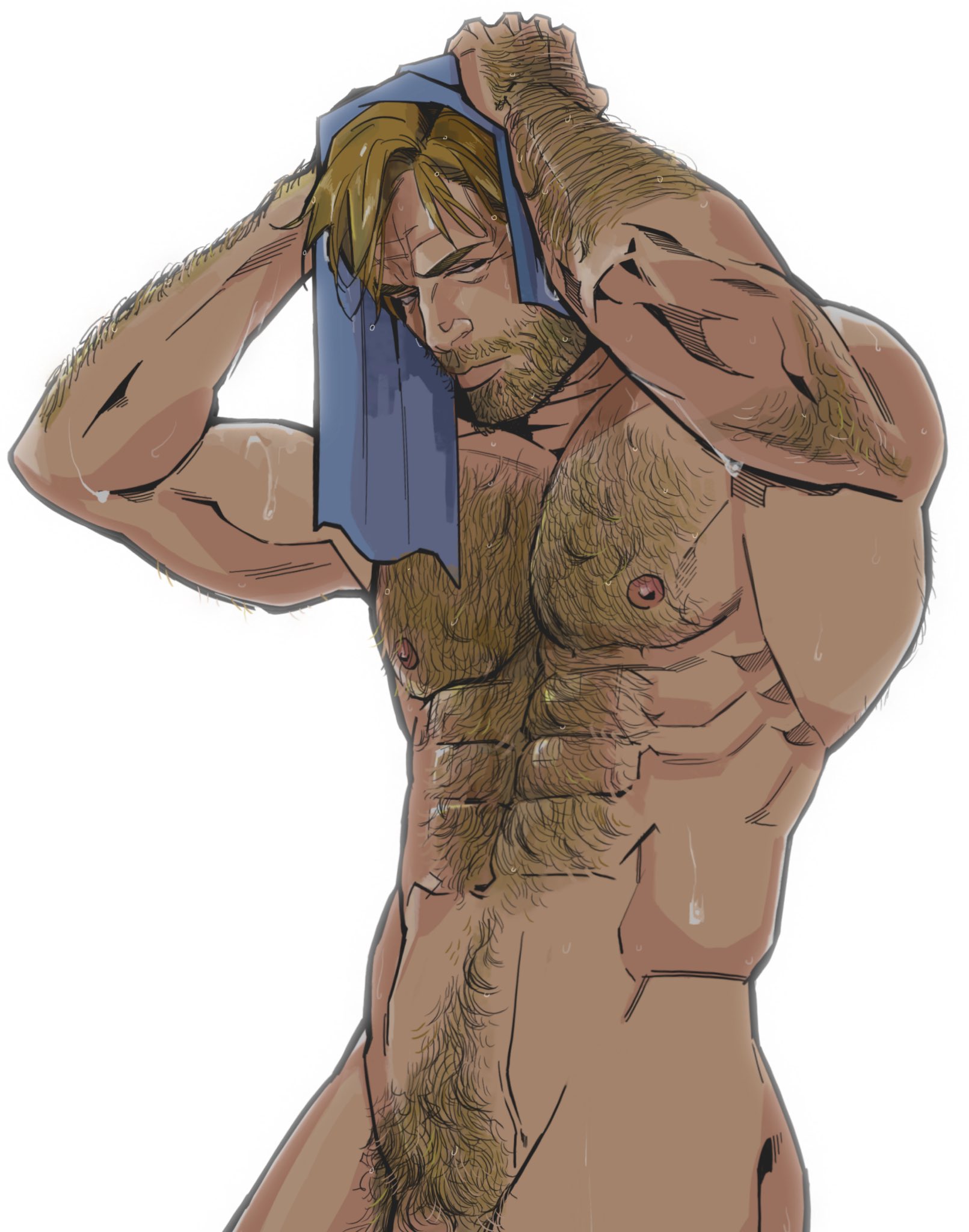 1boy, abs, after shower, arm hair, armpits, arthur morgan, ass, bara, beard, beard stubble, beefy, belly hair, bonjourdraws, bush, casual, chest hair, cock, color, dark skin, dick, dripping wet, facial hair, flaccid, flaccid penis, hair, hairy, hairy chest, hairy male, human, male, male only, muscles, muscular, muscular male, nipples, no sex, nonsexual, nonsexual nudity, nude, nude male, pecs, penis, pubic hair, red dead redemption (series), red dead redemption 2, shower, suggestive, towel, towel on head, toweling off, water, water drop, wet, wet body, wet skin, yaoi