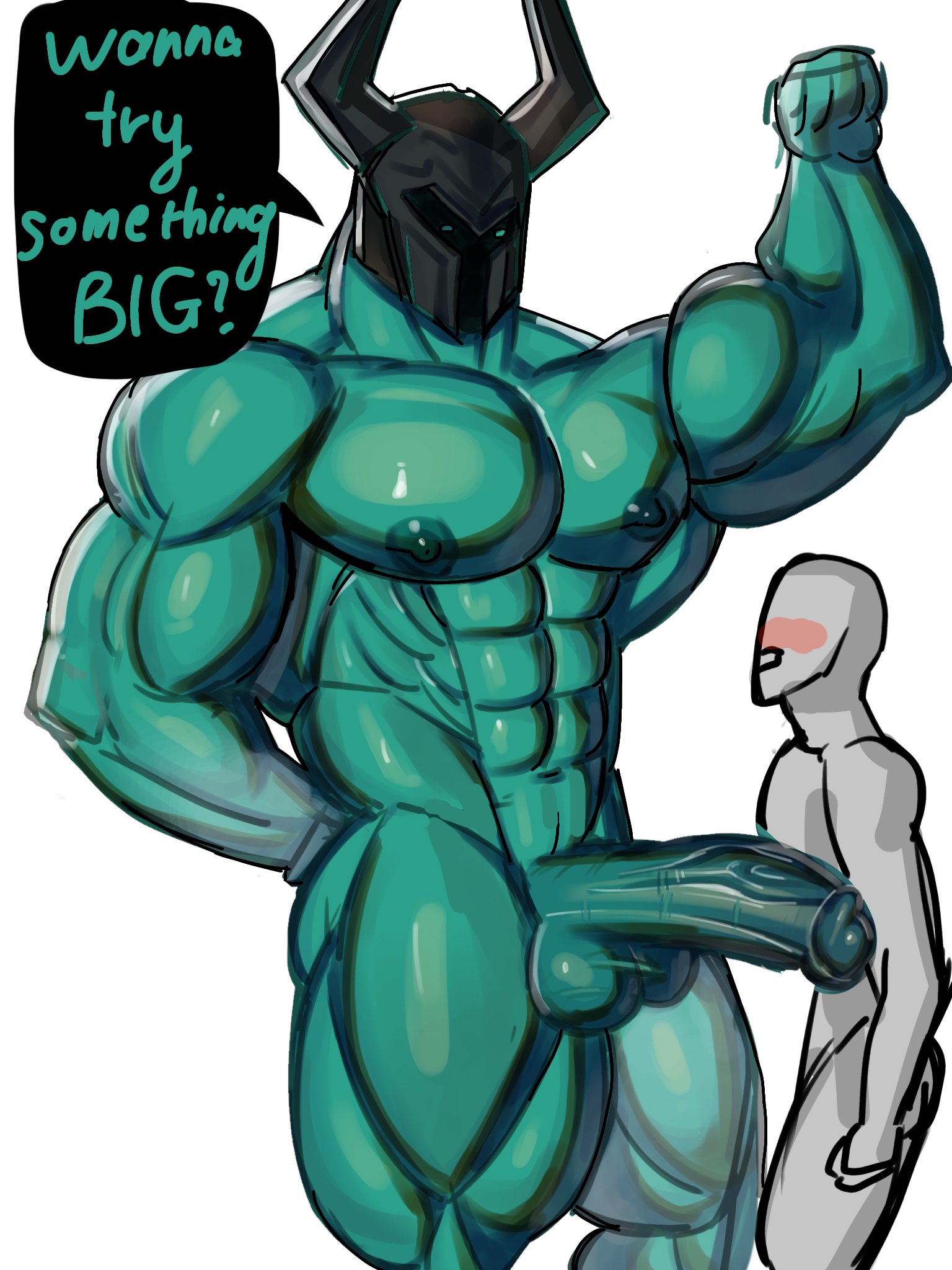 apzapuru, asking a question, asking another, bara, bara tiddies, blush, gay, helmet, helmet only, huge cock, league of legends, male, male only, mordekaiser, muscular, muscular male, penis, riot games, yaoi