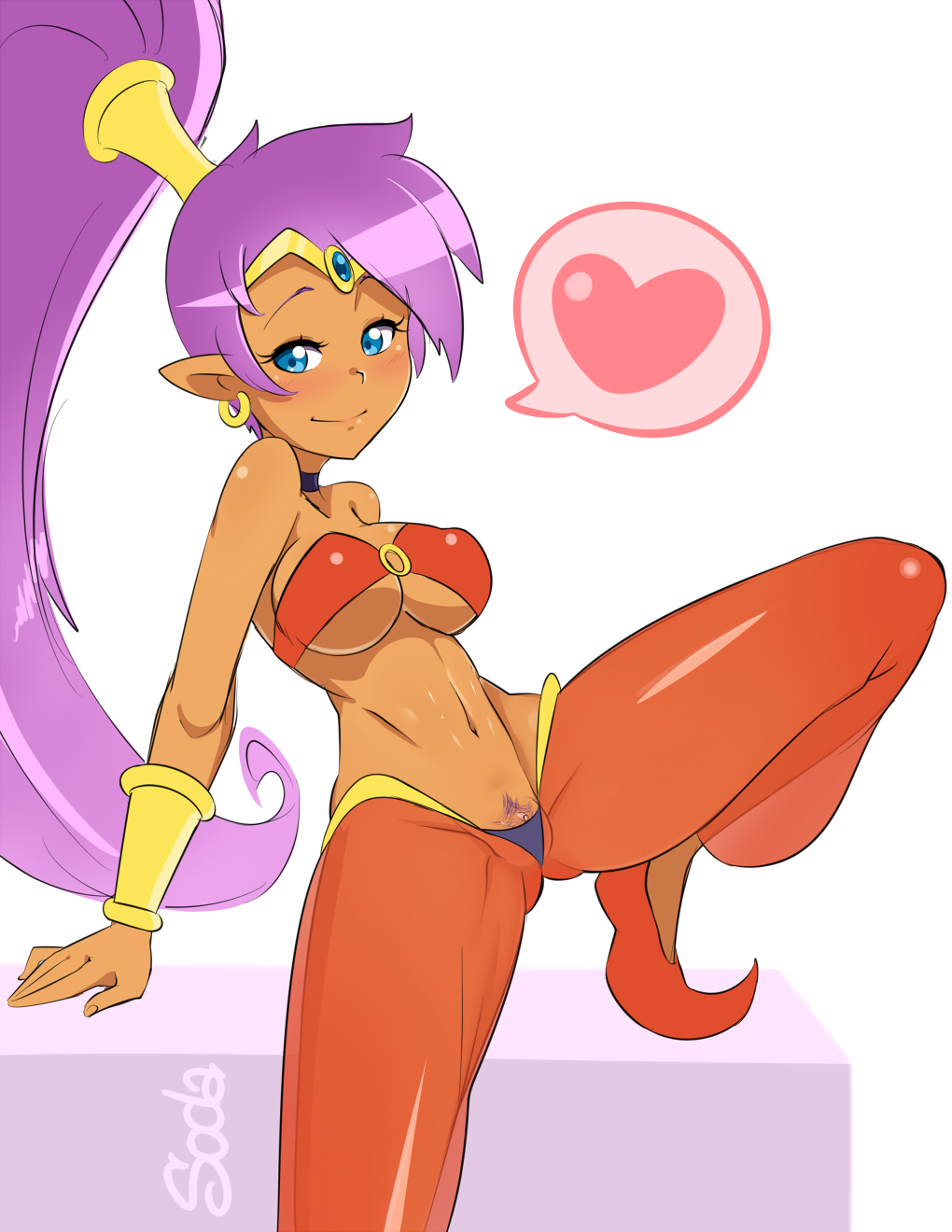 1girls arabian_clothes blush choker chronicsoda clitoris clitoris_slip female female_only harem_outfit harem_pants navel pubic_hair purple_hair pussy shantae shantae_(character) skimpy smooth_skin solo tagme toned tubetop underboob