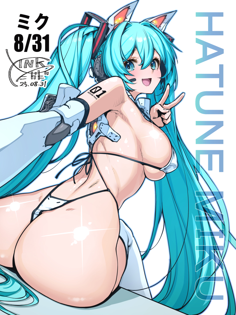 1girl, animal ears, aqua eyes, aqua hair, ass, bikini, breasts, cat ears, character name, dated, detached sleeves, female, from behind, hatsune miku, headphones, large breasts, long hair, looking at viewer, looking back, micro bikini, open mouth, shiny, shiny skin, sideboob, sitting, smile, solo, swimsuit, tagme, takada kazuhiro, tattoo, thighhighs, thong, thong bikini, twintails, v, very long hair, vocaloid, white background, white bikini, white thighhighs