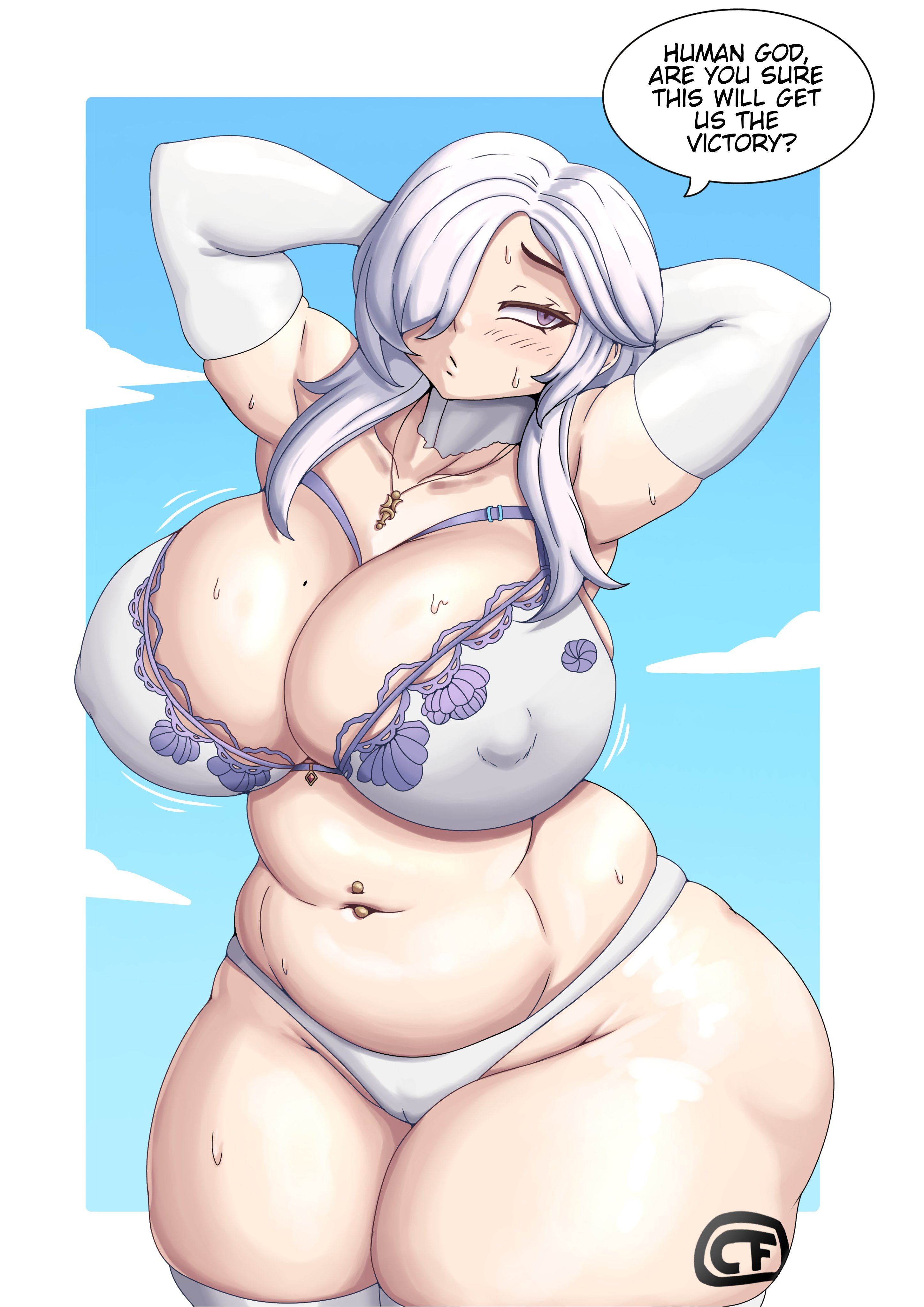 1girls, arms behind head, breasts, chocofl4n, chubby, chubby female, cleavage, dialogue, female, female only, gigantic breasts, horizon walker, huge breasts, lingerie, nipple bulge, solo, solo female, text, thick thighs, voluptuous, wide hips