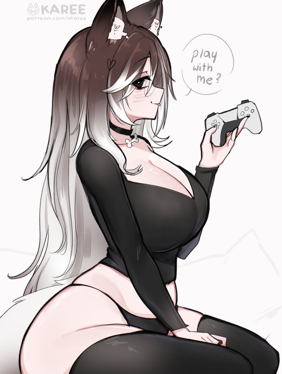 1girls, 2026, animal ears, big breasts, black hair, black legwear, breasts, brown hair, canid humanoid, cleavage, clothed, clothing, collar, collarbone, color, colored, digital media (artwork), facial markings, female, female only, fully clothed, glasses, grey eyes, grey hair, hair, hi res, large breasts, light skin, light skinned female, looking at viewer, multicolored hair, oc, oka (okaree), okaree, original, original character, simple background, solo, thick thighs, tongue, tongue out, white background, white hair, wolf ears, wolf girl, wolf humanoid, wolf tail