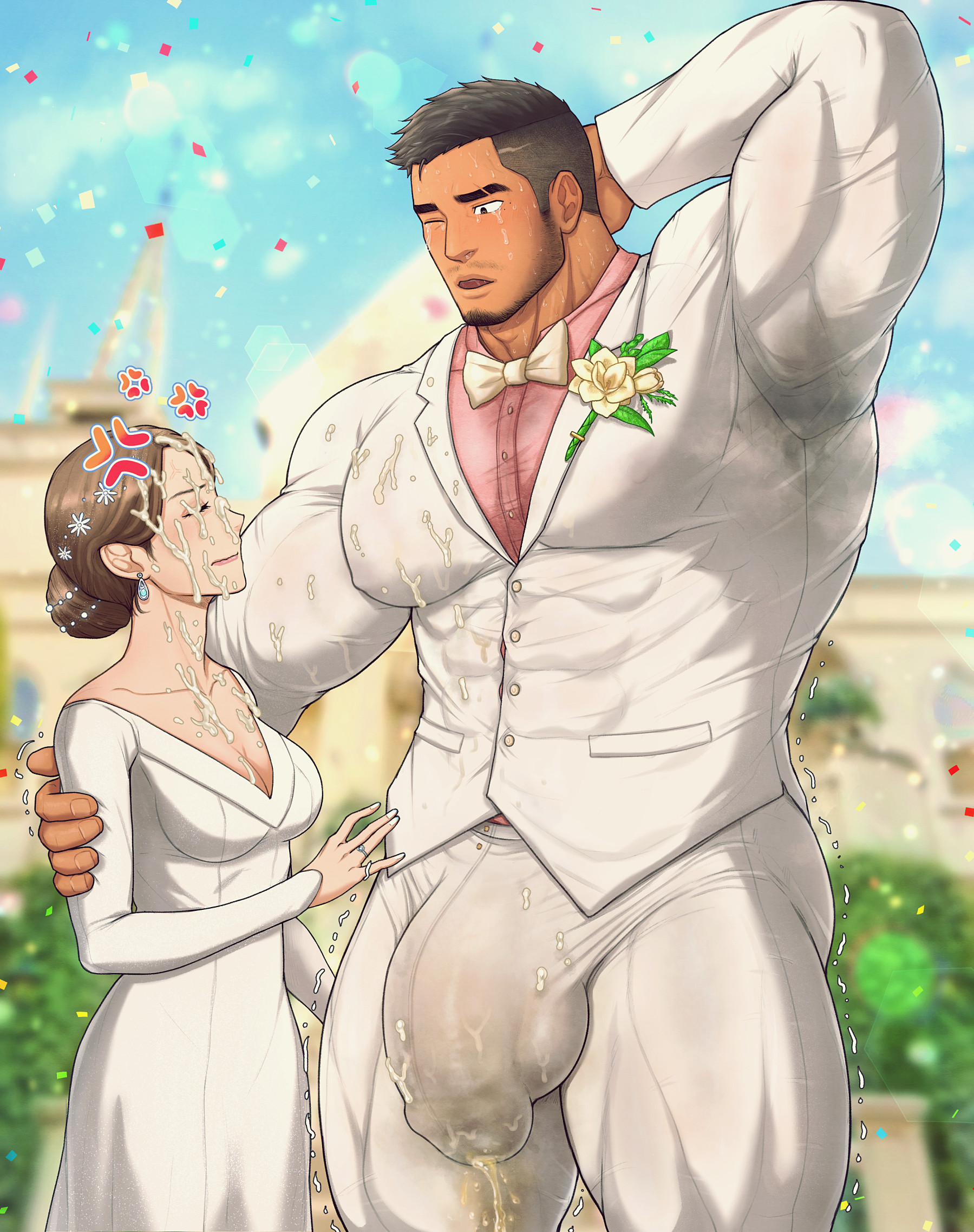 1boy, 1boy1girl, 1girls, abs, after orgasm, anger vein, angry, arms up, balls, balls out, beard, beauty mark, beefy, biceps, big abs, big balls, big hands, big penis, blurry background, blush, bowtie, breasts, bride, brown eyes, brown hair, bukkake, bun hair, church, closed eyes, collarbone, confetti, corsage, crying, crying with eyes open, cum, cum covered, cum drip, cum leaking, cum on arm, cum on breasts, cum on cleavage, cum on clothes, cum on eye, cum on face, cum on hair, cum on neck, cum on penis, cum on self, cum string, cumstain, dirty clothing, dripping, earrings, enormous penis, erect nipples, eyebrow scar, eyelashes, female, flaccid, fully clothed, genital outline, gigantic penis, groom, hand on back, hands behind head, height difference, hi res, huge breasts, huge cock, hunk, husband and wife, long hair, long penis, looking at another, male, male breasts, male focus, male with breasts, manly, married couple, mature male, mole, mole under eye, morning, muscles, muscular, muscular arms, muscular legs, muscular male, muscular thighs, mustache stubble, nipples visible through clothing, one eye closed, oppai, original, original character, pecs, penis, penis bigger than arm, penis bigger than breasts, penis bigger than head, penis bigger than torso, public indecency, quadriceps, semen, shaved side, sideburns, six pack, size difference, snot, soiled, straight, sweat, sweatdrop, sweaty armpits, tall, taller male, tears, thick, thick arms, thick cum, thick eyebrows, thick legs, thick neck, thick penis, thick thighs, tight clothing, time stop, toto (artist), tough guy, tremble spikes, trembling, triceps, tuxedo, veiny face, wedding dress