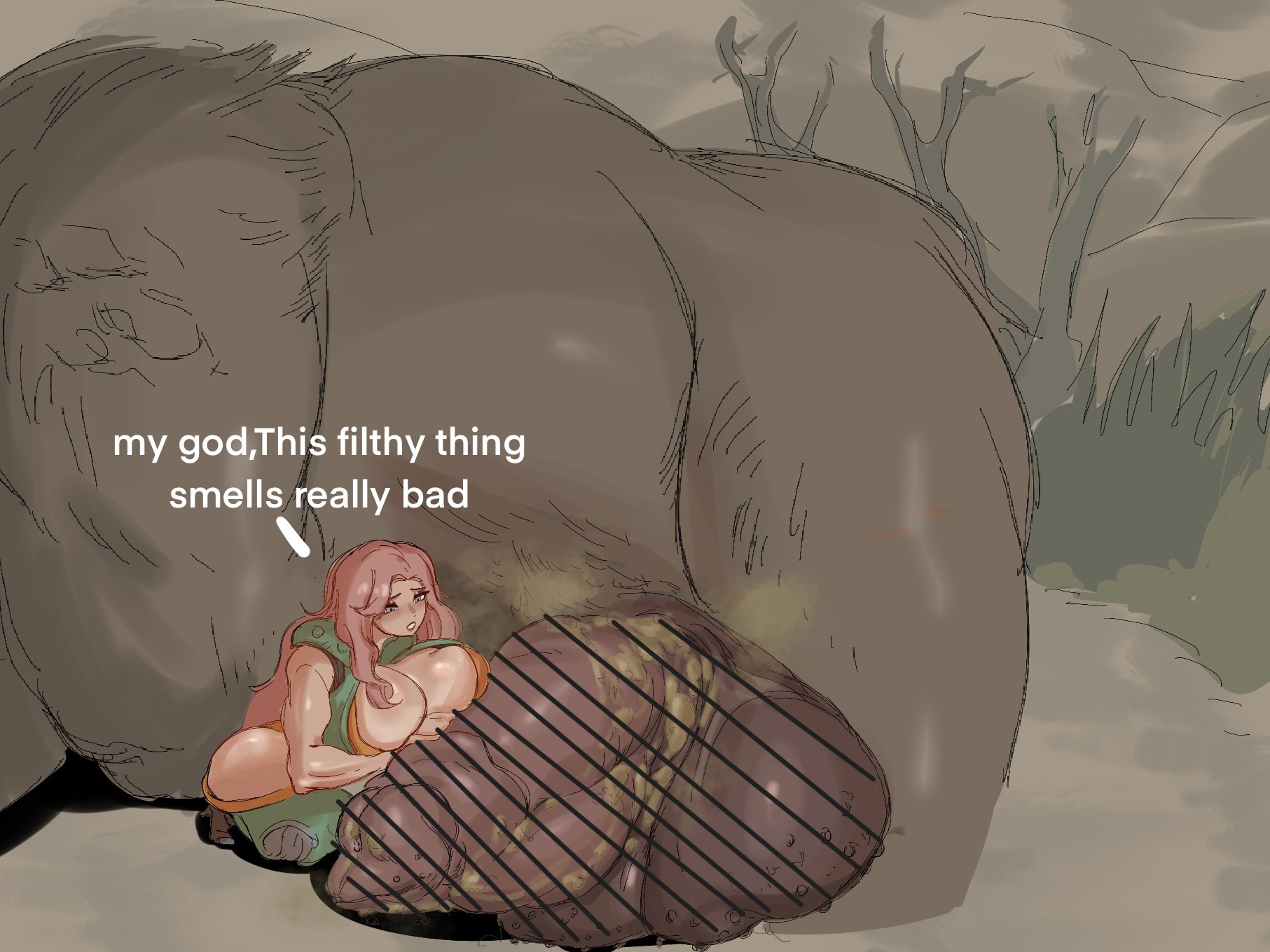 1boy, 1girls, balls, bar censor, big balls, big breasts, big penis, blush, breasts, censor bar, censored, censored penis, clothed, clothed female, clothing, dialogue, english text, female, huge balls, huge breasts, huge cock, huge testicles, imminent sex, krov, krovv, long hair, looking at penis, looking at viewer, male, monster hunter, monster on female, open mouth, penis, pink hair, size difference, sleeping, smegma, testicles, text