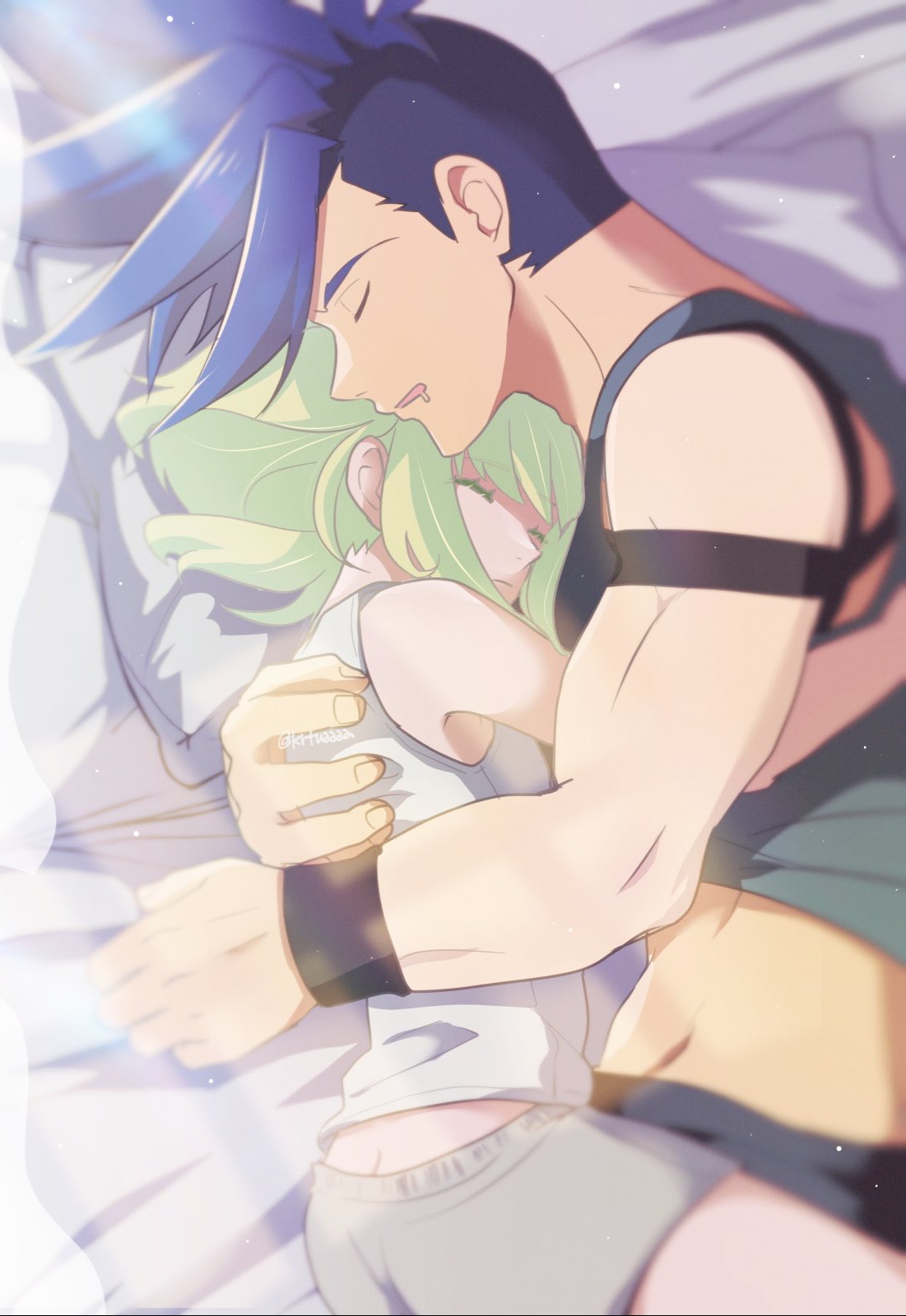 2boys, after sex, androgynous, clothing, cuddling, femboy, fully clothed, galo thymos, gay, hugging, lio fotia, male, promare, questionable, size difference, sleeping together, twink, wholesome, yaoi