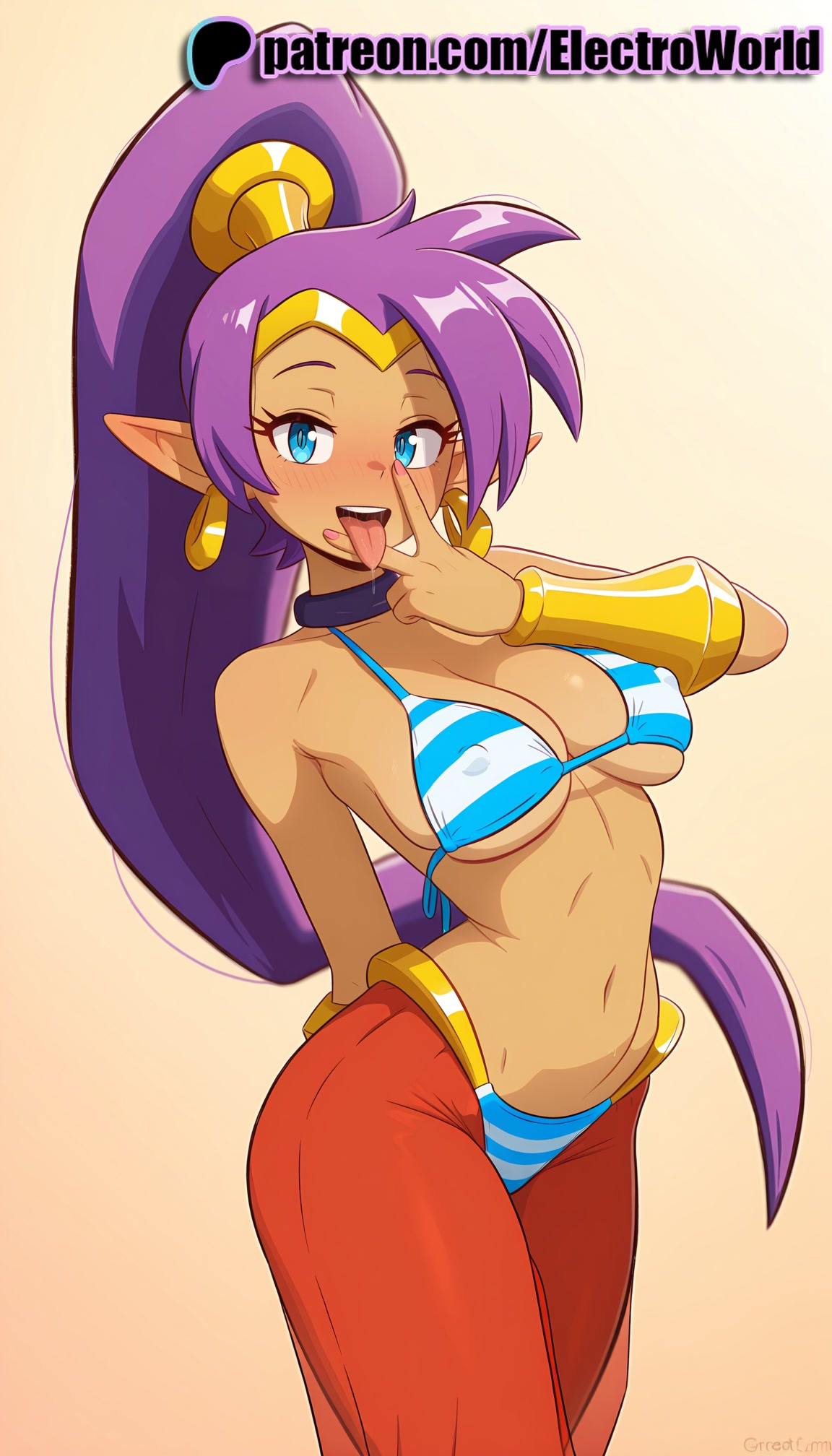 1girls, 2025, ai generated, artist name, average breasts, blue eyes, blush, bracer, breasts, bust, chest, dark skin, dark-skinned female, earrings, electroworld, female, harem pants, hi res, high quality, high resolution, highres, hoop earrings, jewelry, long hair, medium breasts, navel, normal breasts, pants, patreon, patreon username, pointy ears, purple hair, red pants, shantae, shantae (character), solo, stable diffusion, striped, striped bikini, tongue, tongue out, very long hair, watermark