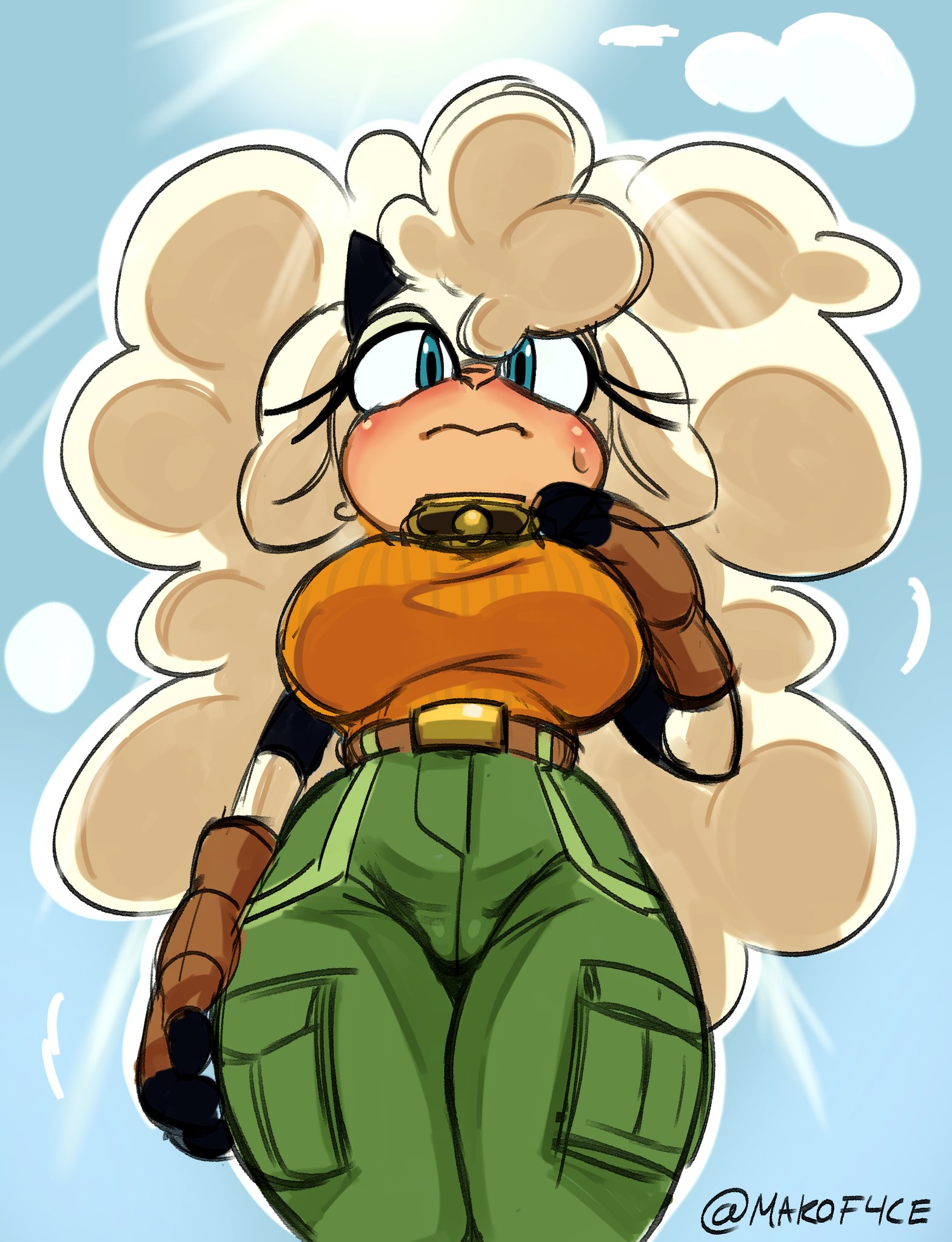 1girls, anthro, big breasts, big hips, breasts, cameltoe, clouds, female, flushed cheeks, flushed face, fupa, going commando, green pants, hands on hips, hot day, lanolin the sheep, looking down, makoface, puffy hair, sheep girl, skin tight, skindentation, sonic (series), sonic the hedgehog (idw), sonic the hedgehog (series), sunlight, sweat, sweatdrop, tight clothing, tight sweater