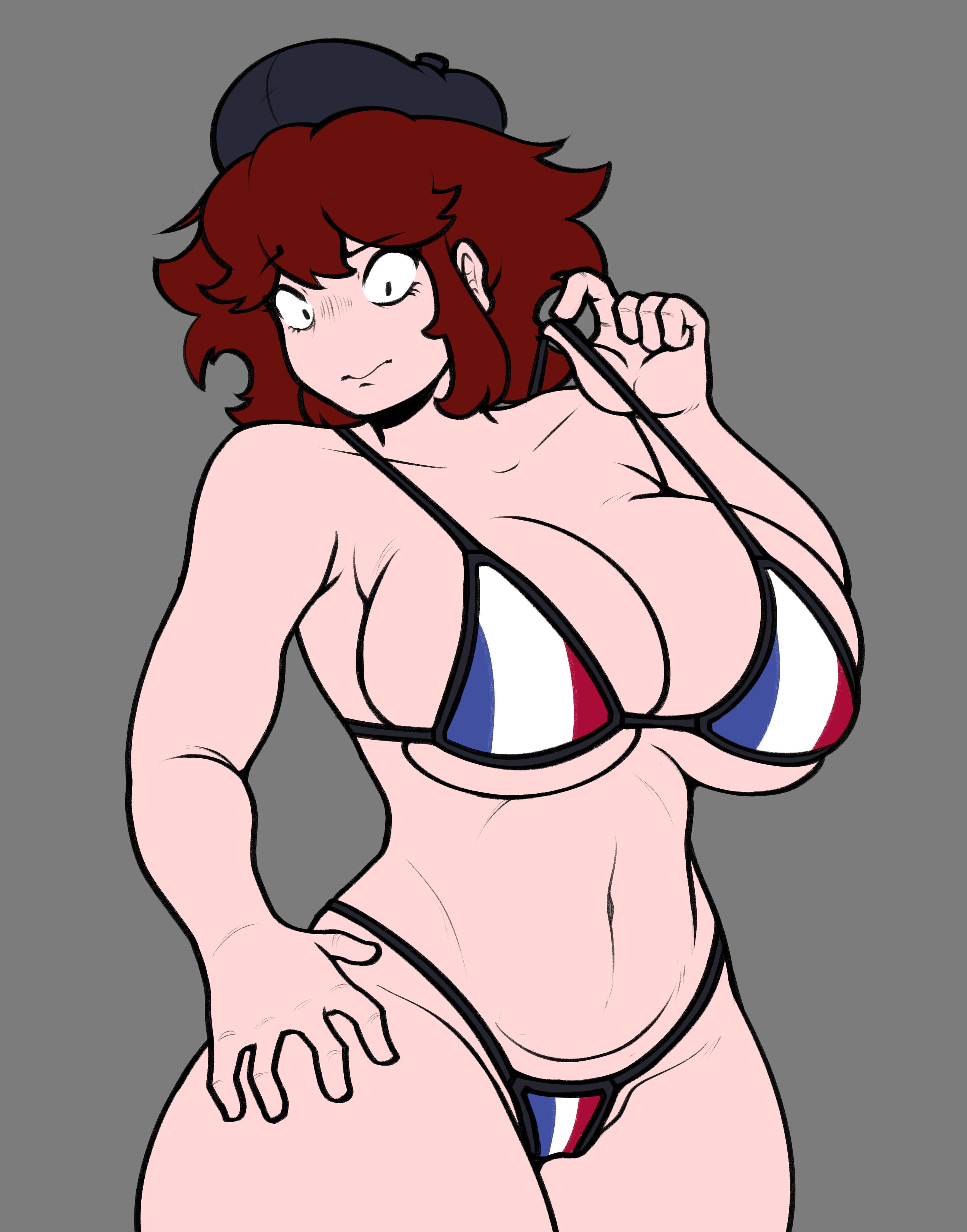 1girls, auburn hair, beret, big ass, big boobs, big breasts, bikini, black eyes, breasts, female, french, french female, french flag bikini, friday night funkin, friday night funkin mod, girlfriend (friday night funkin), grey background, hand on hip, hand on own hip, hand on own waist, hand on waist, huge boobs, huge breasts, large breasts, massacre girlfriend (friday night funkin), millie (mistful crimson morning), mistful crimson morning, navel, nervous, nervous expression, nervous face, nervous female, oofts, tagme, thick, thick thighs