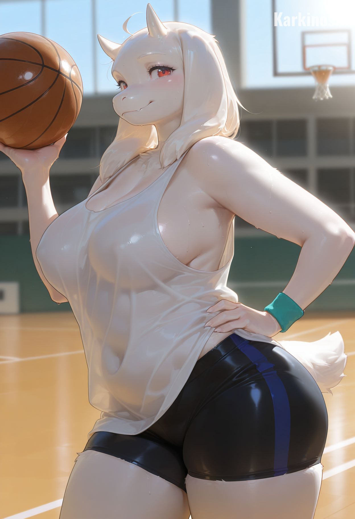 1girls, 2025, 2025s, ai art, ai assisted, ai generated, ai-created, anthro, anthro female, anthrofied, artist name, ball (object), basketball, basketball (ball), big breasts, black short shorts, black shorts, blush, boss monster (undertale), bottomwear, bovid, bovine, breasts, caprine, clothed, clothing, crop top, english, english text, female, female anthro, female focus, female only, floppy ears, fur, furry, furry female, goat, goat ears, goat girl, goat horns, goat humanoid, goat tail, gym bottomwear, gym clothes, gym clothing, gym shirt, gym shorts, gym topwear, hand on hip, high resolution, highres, holding, holding ball, holding basketball, holding object, horn, horns, illustrious (stable diffusion), karkinosai, looking at viewer, mammal, mature anthro, mature female, navel, pony diffusion (model), pony diffusion xl, red eyes, shirt, short shorts, shorts, smile, smiling at viewer, solo, solo female, solo focus, spandex, spandex shorts, stable diffusion, standing, tail, tank top, text, thick thighs, thighs, tight clothing, tight shorts, toby fox, topwear, toriel, undertale, undertale (series), video games, white body, white fur, white shirt, white tail, wide hips