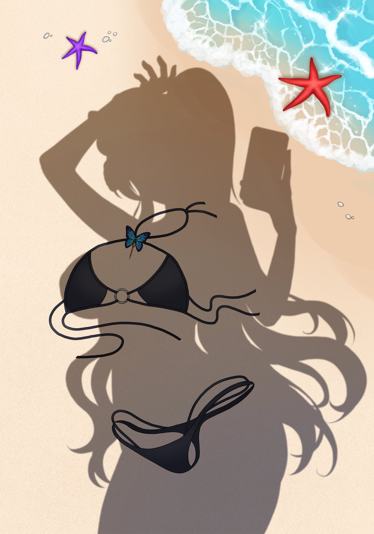 beach, bikini, black bikini, butterfly, butterfly ornament, dressed shadow (meme), female, from above, german vtuber, himechiivt, implied nudity, indie virtual youtuber, lewdtuber, long hair, meme, ocean, outdoors, pov shadow, solo, swimsuit, unworn bikini, virtual youtuber