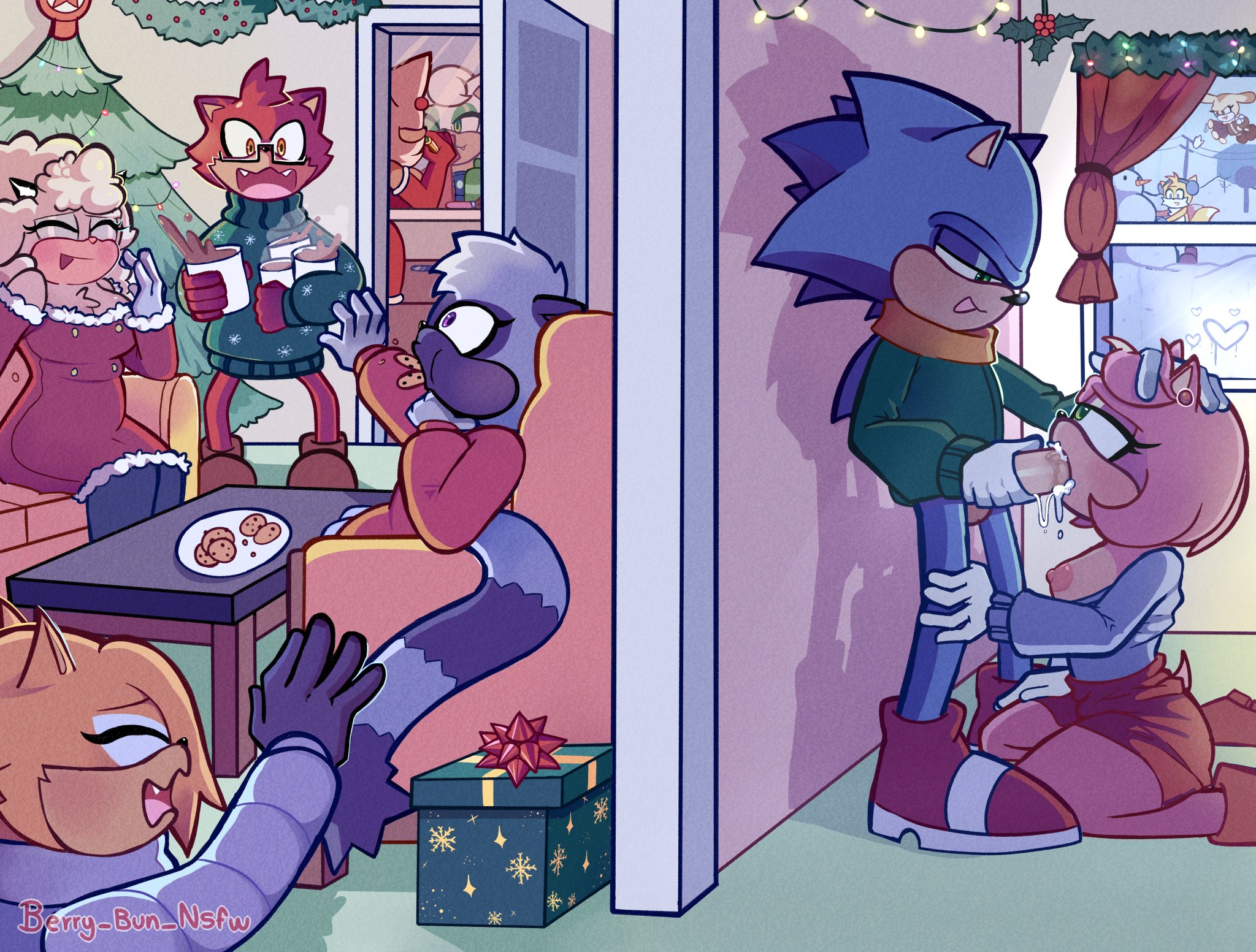 3boys, 6girls, amy rose, anthro, anthro on anthro, anthro only, areolae, balls, bat, berry bun, blowjob, blue fur, breasts, christmas, christmas clothing, christmas lights, christmas outfit, christmas present, christmas tree, clothed, clothing, cock, coffee, cookie, couch, cream the rabbit, cum, cum in mouth, cum inside, dick, erection, eulipotyphlan, fellatio, female, fox, fur, furniture, gadget the wolf, glasses, gloves, green eyes, hand on head, hedgehog, holding head, holidays, house, idw publishing, interior, jacket, kneeling, kneeling oral position, lanolin the sheep, lemur, living room, male, mammal, mirror, mistletoe, nipples, on knees, oral, oral creampie, oral sex, penis, pink fur, purple eyes, rabbit, risk of being caught, risk of discovery, risky sex, rouge the bat, sega, sex, shadow, sheep, sneaky sex, snow, snowballing, snowman, sonic (series), sonic forces, sonic the hedgehog, sonic the hedgehog (comics), sonic the hedgehog (idw), sonic the hedgehog (series), sweater, table, tails the fox, tangle the lemur, tree, whisper the wolf, wolf, wolf girl