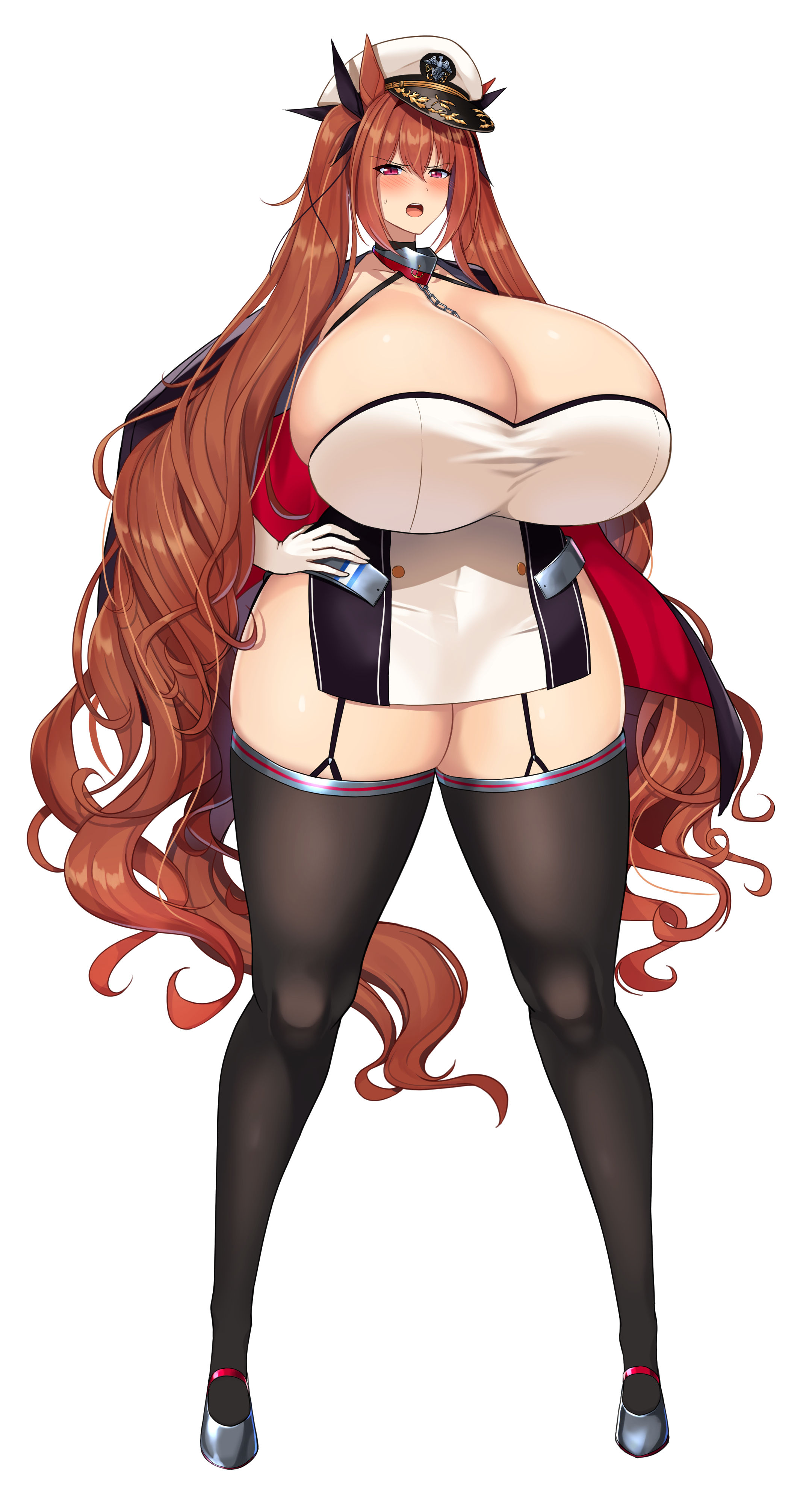 1girls, azur lane, blush, breasts, brown hair, cleavage, cosplay, daien (daien418), daiwa scarlet (umamusume), dress, female, female only, gloves, hand on hip, high heels, honolulu (azur lane), horse ears, horse girl, horse tail, huge breasts, long hair, massive breasts, military hat, red eyes, solo, thick thighs, thighhighs, twintails, umamusume, umamusume pretty derby, white gloves