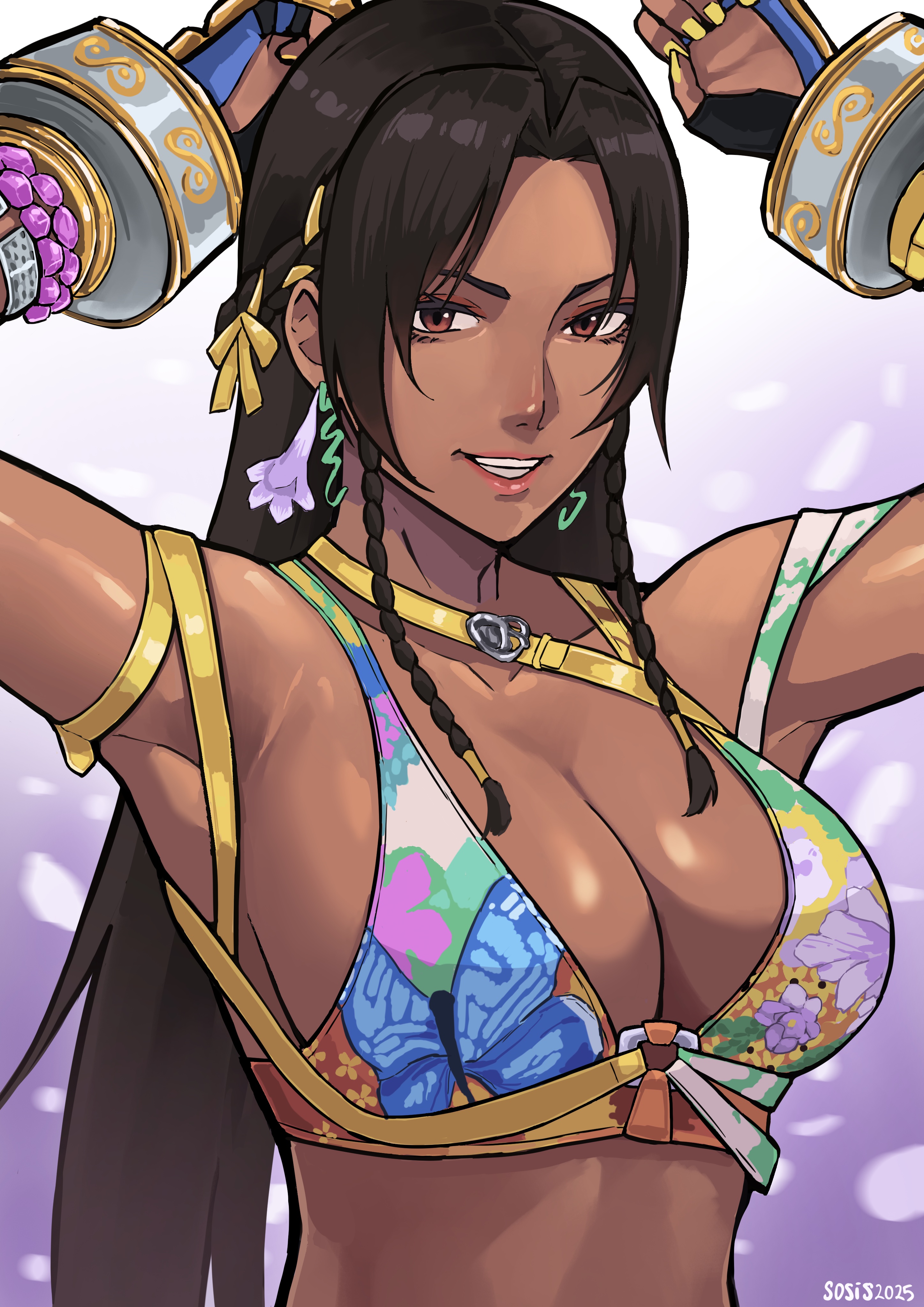 1girls, absurd res, alluring, animal print, black hair, bra, braid, brown eyes, butterfly, butterfly print, dark skin, dark-skinned female, high res, lightsosis, long hair, looking at viewer, miary zo, multicolored bra, namco, print bra, smile, teeth, tekken, tekken 8, twin braids, underwear, upper body, yellow nails