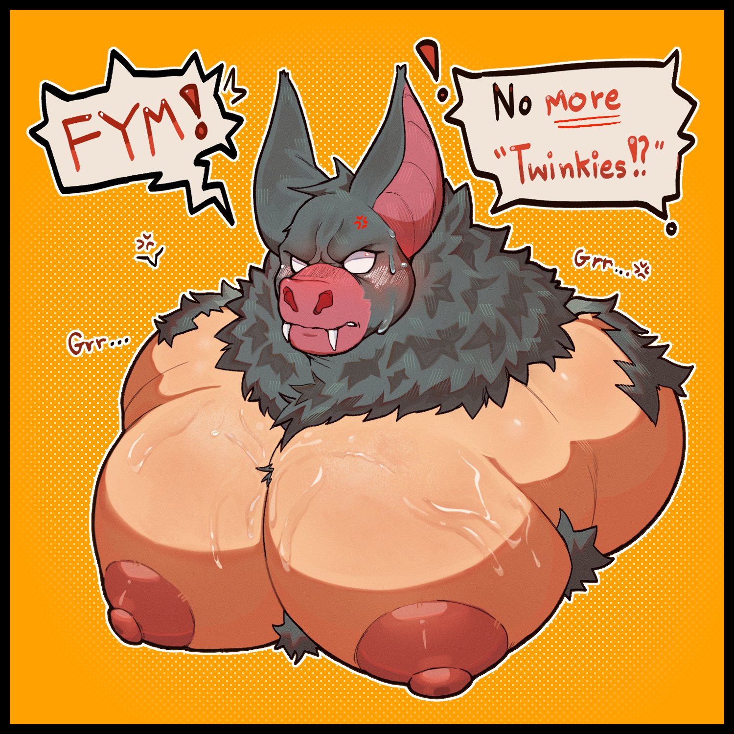 1boy, 1male, 2025, bara, bat, big pecs, blushing, digital media (artwork), dispatch (game), fur, grrr, hmee hmi, mad, male, male only, moobs, nipples, nude, shirtless, solo, solo male, sonar (dispatch), speech bubble, speech bubbles, sweat, sweating, sweaty, sweaty pecs, yellow background