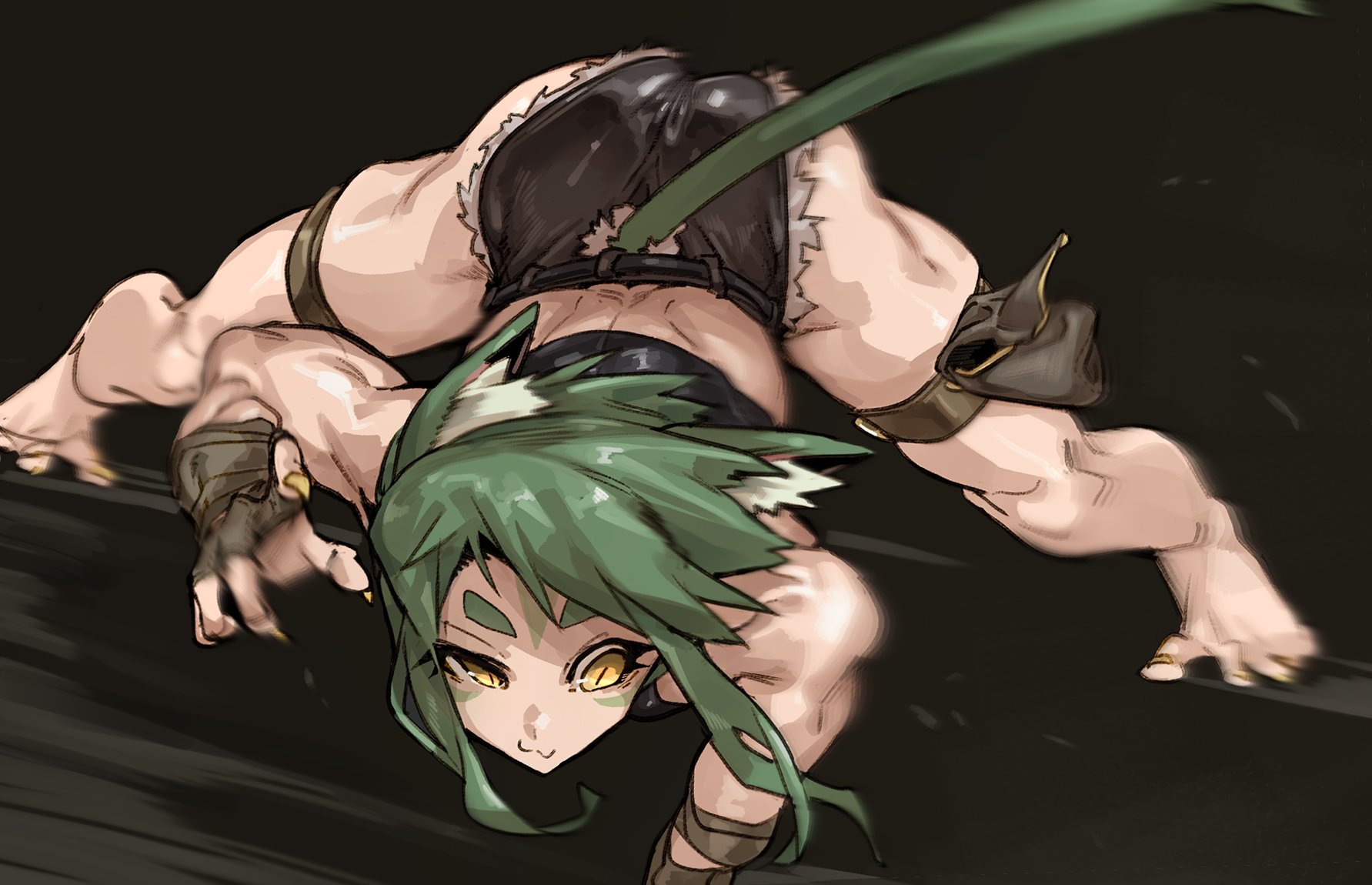 all fours, ass hanging out, ass hanging out of shorts, booty shorts, cat ears, cat tail, catboy, doppel, feet, femboy, green hair, male, male only, muscular, short shorts, shorts, solo, solo male