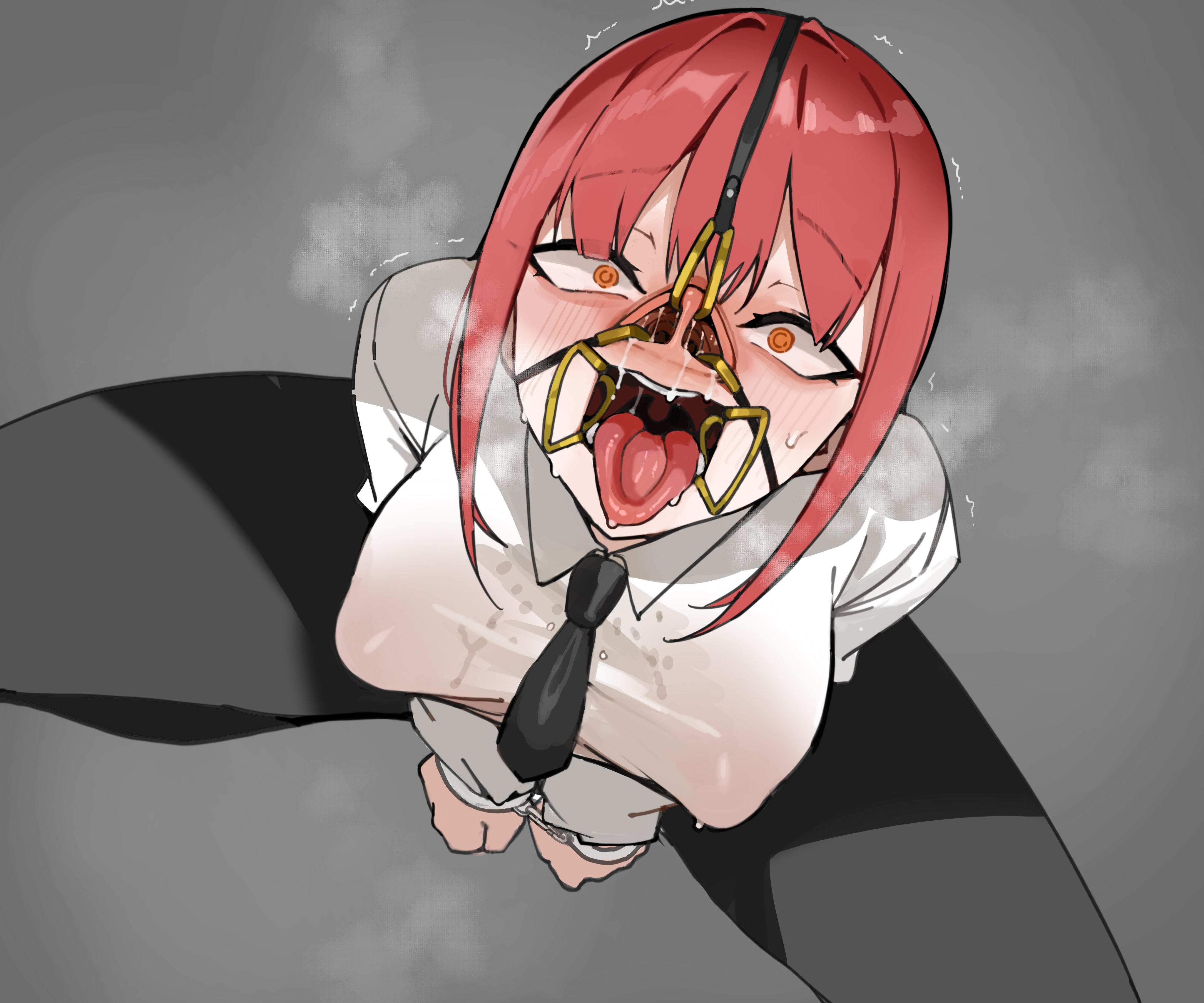 chainsaw man, clothing, femsub, handcuffs, mac (pixiv31869137), makima (chainsaw man), nose hook, pixy1234567891, red hair, saliva, tongue out