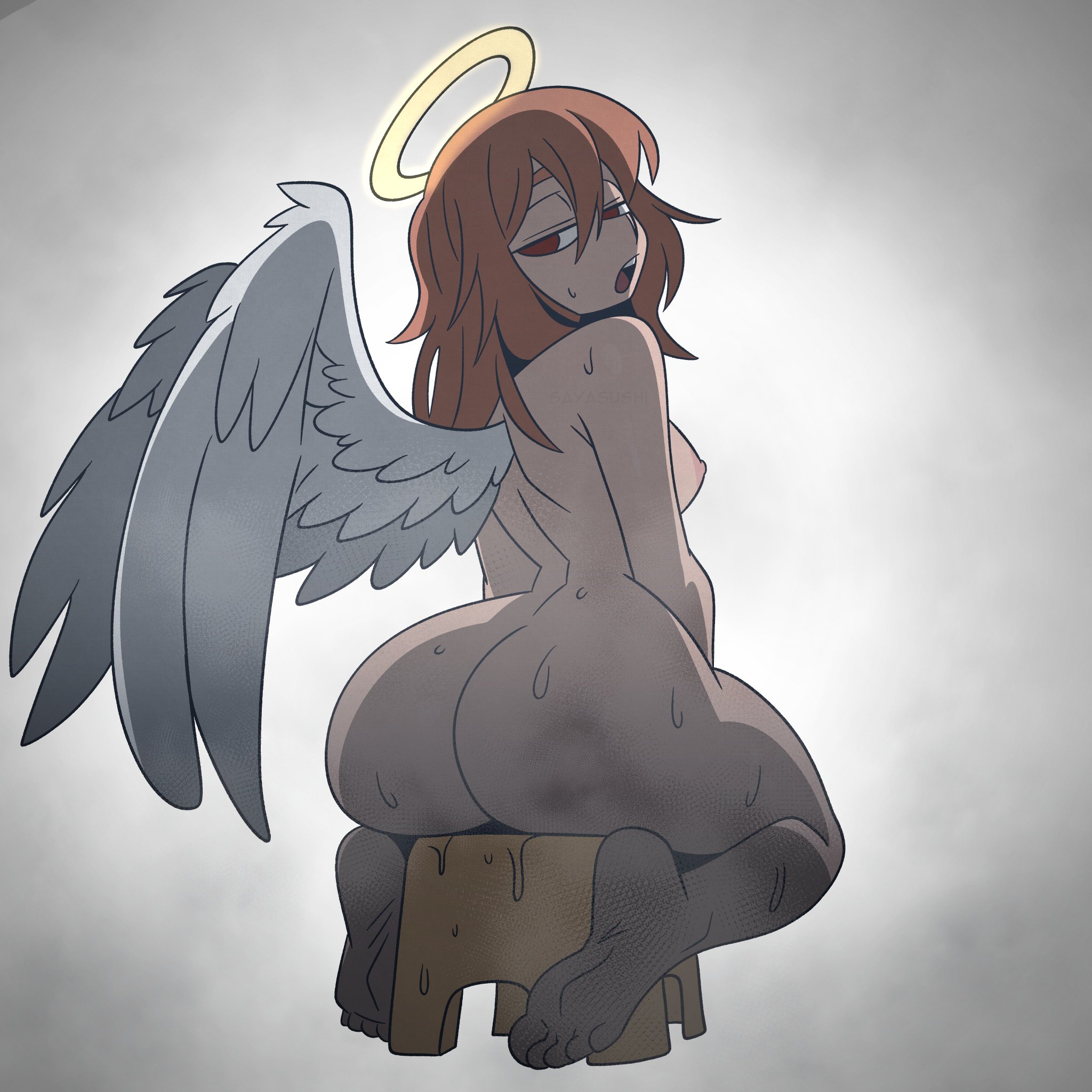 1boy, 1femboy, angel, angel devil (chainsaw man), angel wings, ass, barefoot, breasts, chainsaw man, completely nude, demon, femboy, halo, nude, sayasushiswag, sitting, stool, wings