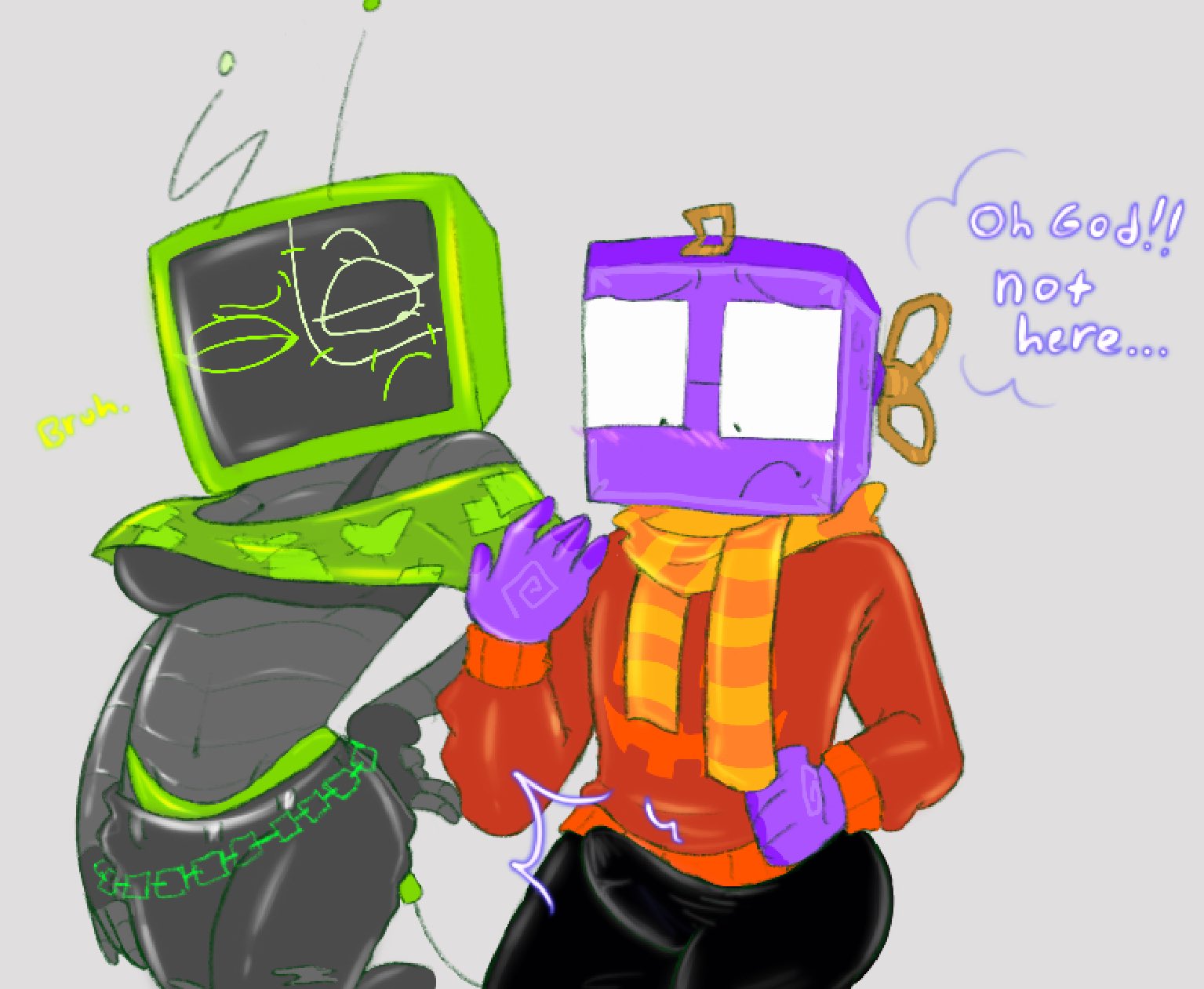 1boy, 1boy1girl, 1girl1boy, 1girls, 2025, antenna, anthro, anthro female, anthro male, belly, blush, blush lines, blushing male, boxten (dandy's world), bra, bruh, chains, cizzypop, clothed, clothing, creepy chord boxten, dandy's world, dandys world, dialogue, embarassed male, embarrassed, erect penis, erection, erection under clothes, female, gloves, green panties, grey background, hand on hip, long sleeves, looking at partner, looking at penis, looking down, male, male/female, music box, object head, panties, pants, ripped clothing, ripped pants, roblox, roblox game, robloxian, robot, robot girl, robot humanoid, robotic tail, stomach, tail, thinking, tv head, tv woman, twitter link, underwear, vee (dandy's world), zapped creation vee