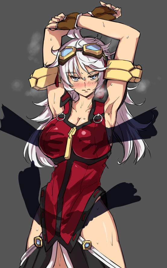 antenna_hair armlet armpits bare_shoulders blue_eyes blush breast_grab breasts brown_gloves cleavage closed_mouth collar collarbone cowboy_shot crotch_grab female fingerless_gloves frown gloves goggles goggles_on_head grabbing grey_background groping hair_between_eyes heavy_breathing hips large_breasts long_hair looking_at_viewer negresco project_x_zone_2 robe shiny shiny_skin sideboob silver_hair simple_background solo standing thighs urashima_chizuru