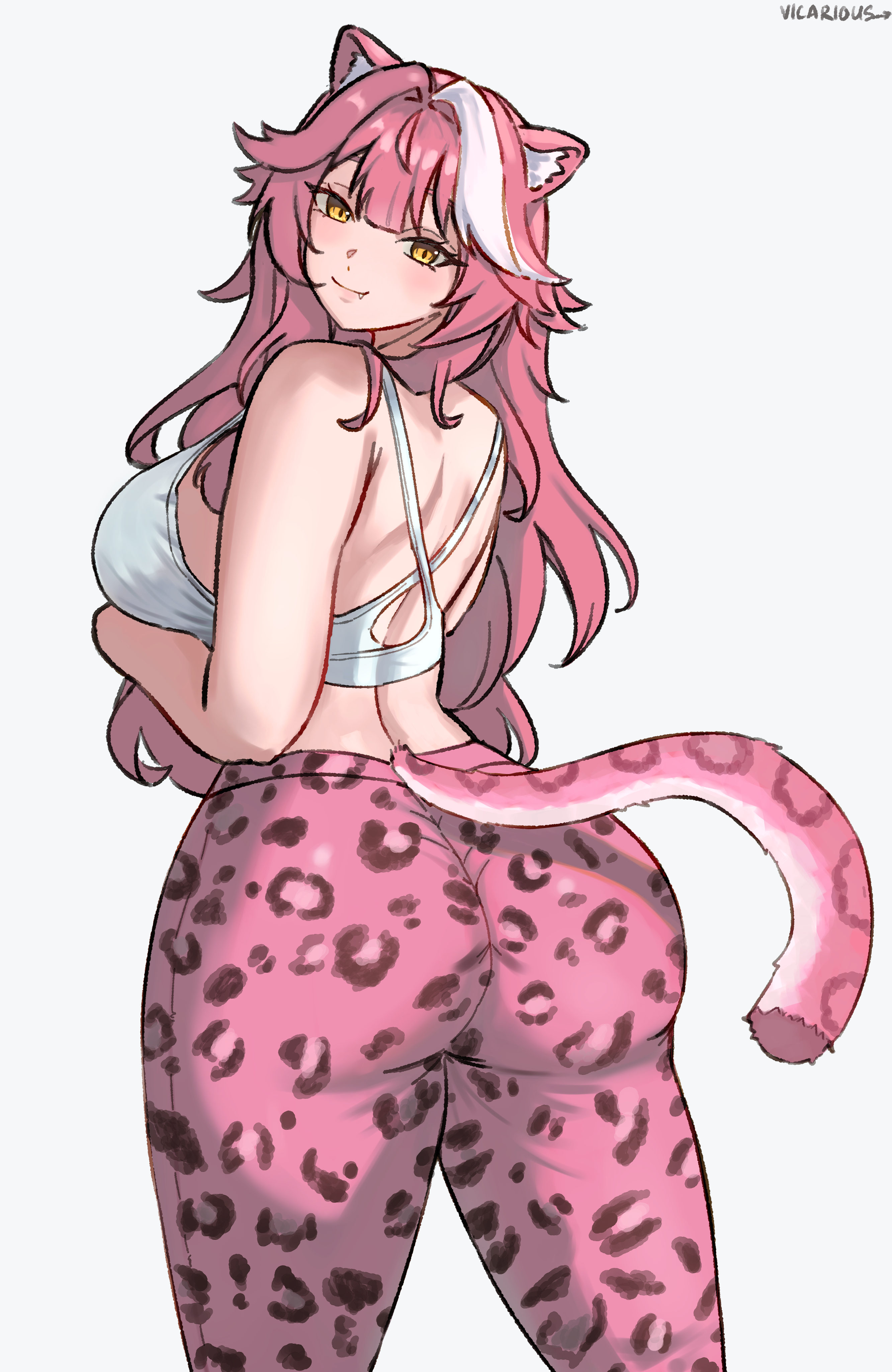 1girls, animal ears, ass, big ass, bottom heavy, bubble butt, fat ass, female, female only, hololive, hololive english, hololive english -justice-, huge ass, large ass, looking at viewer, looking back, pink hair, raora panthera, solo, tail, thick ass, thick thighs, vicarious (vicillust), virtual youtuber, wide hips