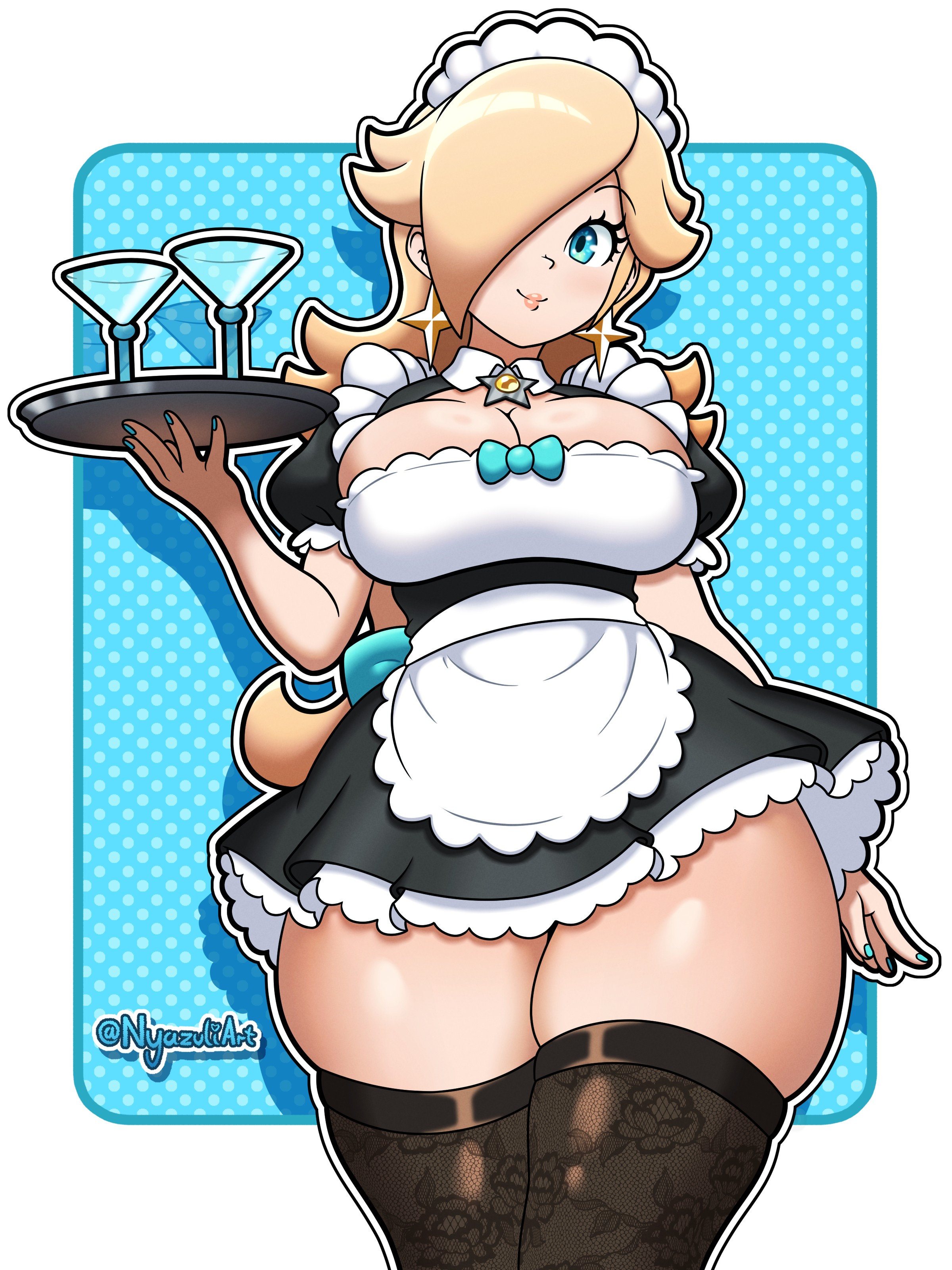 1girls, big breasts, black thighhighs, blonde hair, blue eyes, blue nails, bowtie, breasts, cleavage, drink, ear piercing, earrings, female, female only, fully clothed, glass, hair, hair over one eye, headdress, headwear, hips, holding object, holding plate, lace, lace trim, lace-trimmed thighhighs, legwear, long hair, maid, maid apron, maid headdress, maid outfit, maid uniform, mario (series), nail polish, nails, nintendo, nyazuliart, painted fingernails, painted nails, plate, princess rosalina, serving tray, smile, solo, solo female, star earrings, thick thighs, thighhighs, thighs, thunder thighs, uniform, wide hips